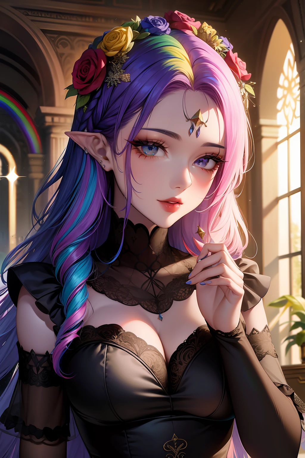 Melhor qualidade, obra-prima, ultra alta res, retrato surreal, surrealismo, sonho-como, Salix florescer em um vaso, criatura de fantasia, DiamonAI -imagine -((rainbow hair)), (((rainbow hair))), master part, melhor qualidade, ((elfo)), cabelo longo, rainbow hair, large eyelashes, olhos ultra detalhados, detailed hands, dedos ultra detalhados, mulher adulta, seios grandes, elfo, quadril largo, olhos detalhados, detailed hands, dark ilumination, bruxa, de chapel grande, (chapel de bruxa), glitter, vestido longo de renda vermelho, Accessories, head ornament