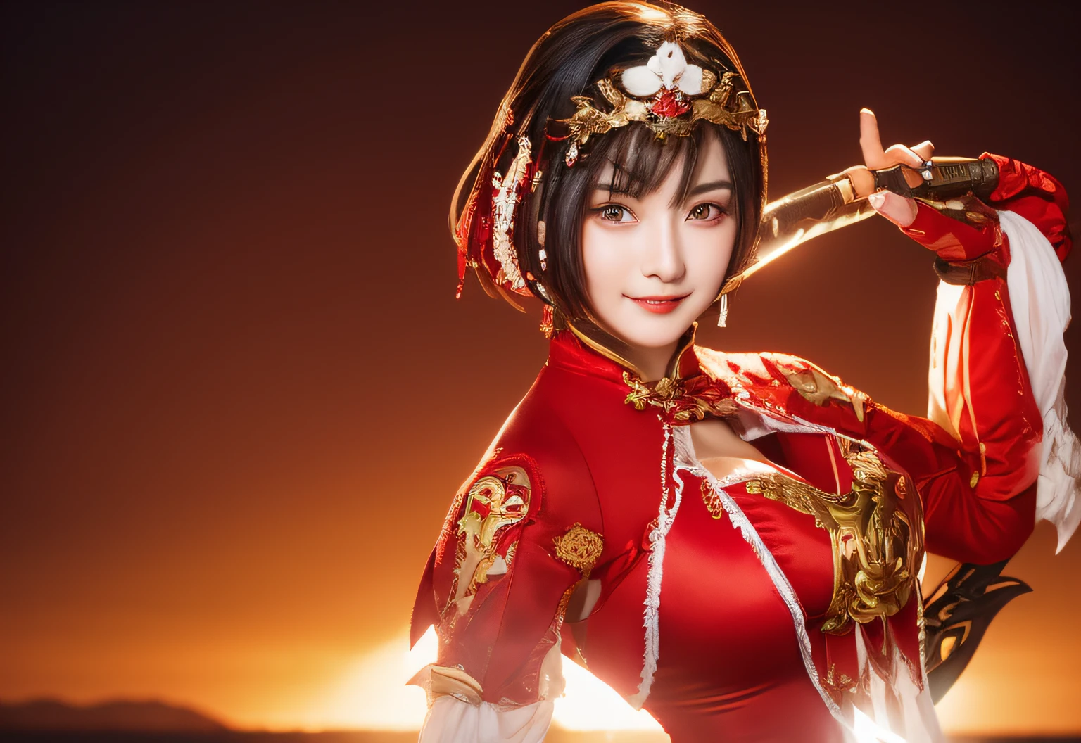 A smile、A dark-haired、sea side、Close up portrait of woman in red and white costume holding sword,