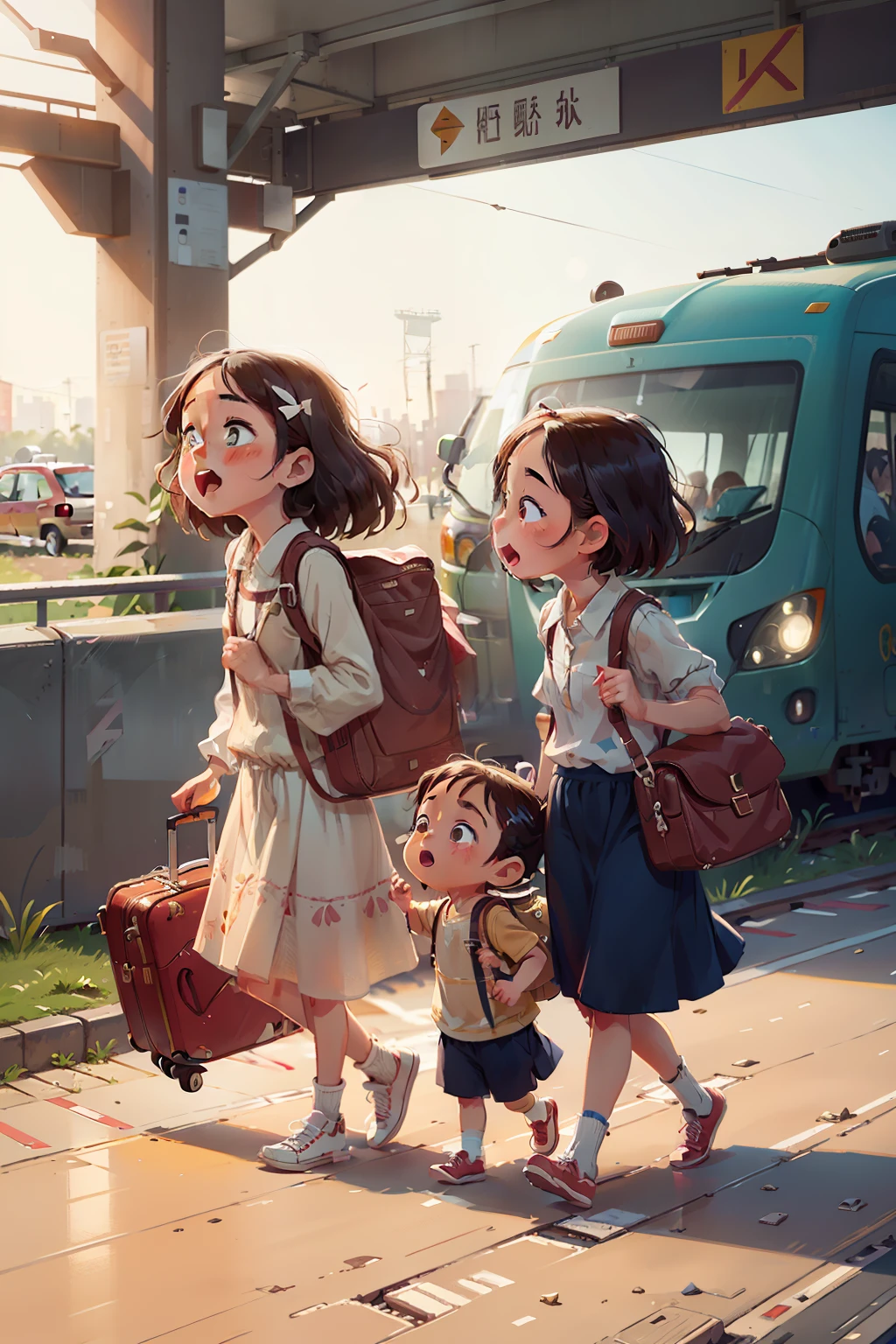 Travelling as a family of three，Dragging suitcases，fathery、mothers、bit girl，High-speed rail station，Side view，Rejoice，Pleasure