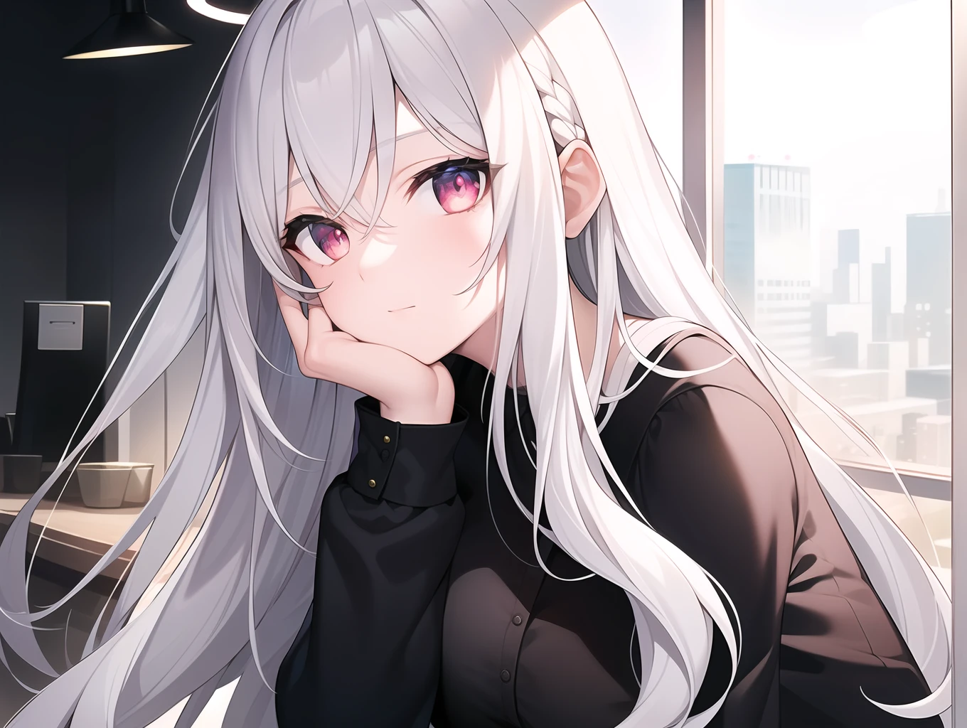 ((Masterpiece, Best quality))++, Detailed light+, Detail hair+, detail hand+ ,1girll, woman, Long hair, Crimson eyes, Beautiful eyes, Young gray hair,,(Beautiful white hair:1.5),(Beautiful detailed eyes), high resolution+, blacksilk , a black skirt, Glass tones, Reflective eyes, ((Halo)), {{Angle}} , extremelydetailedwallpaper, Original, ,