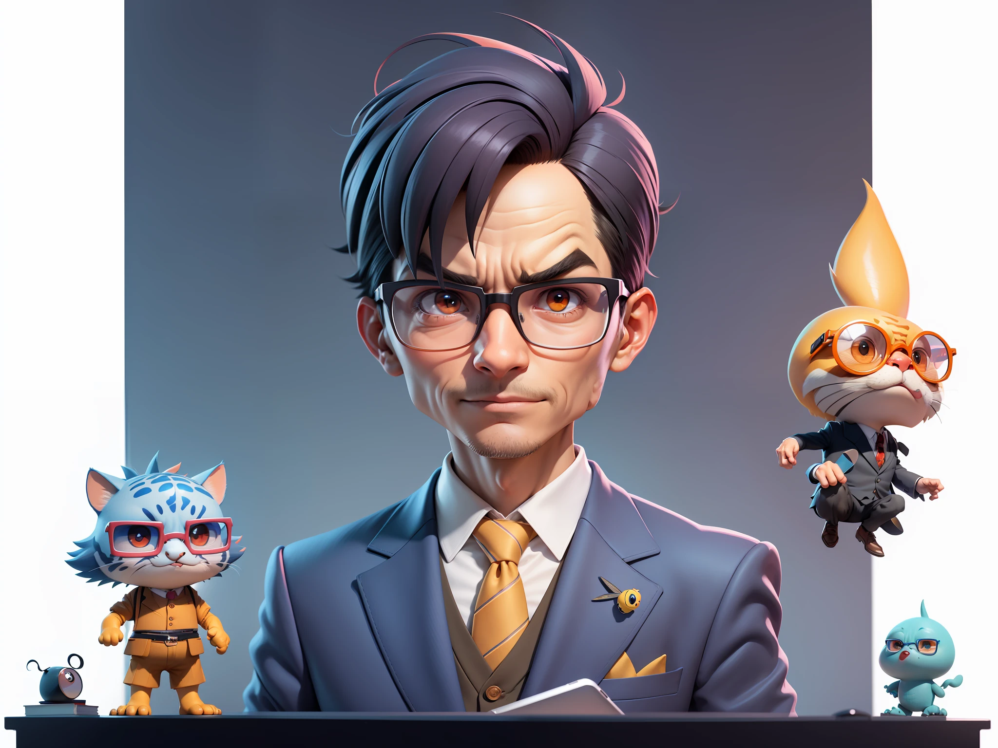 A young man in a suit, Short hair and glasses sat at his desk,holding laptop,digitial painting,tigre,3D character design by Mark Clairen and Pixar and Hayao Miyazaki and Akira Toriyama,4K HD illustration,Very detailed facial features and cartoon-style visuals。