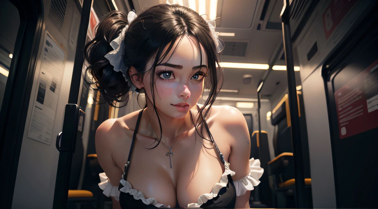 realistic, highly detailed, extremely detailed, extremely detailed CG unity 8k wallpaper, ultra detailed, Fine hair texture, disheveled hair ((frills)), cute face, floating hair, bright eyes, beautiful detailed girl, Mature, prostitute, large_breasts, butt crack, see-through silhouette, baggy clothes topless, see-through silhouette bottomless, detailed thong, skirt_lift, In tram, cameltoe, streaked hair, black hair, longeyelashes, color contact lenses, smile, naughty face, pov, perspective, high detail, Surrealism, Verism, chiaroscuro, cinematic lighting, ray tracing, drop shadow, first-person view, masterpiece, best quality, UHD, retina, masterpiece, ccurate, anatomically correct, textured skin, super detail, high details, high quality, highres, best quality, award winning