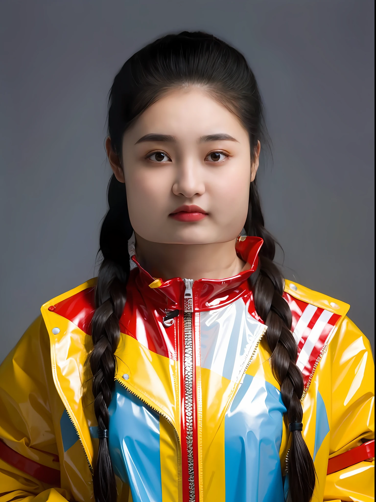 A Chinese high school girl,Wearing a PVC red and yellow raincoat,There are zippers,Braid
