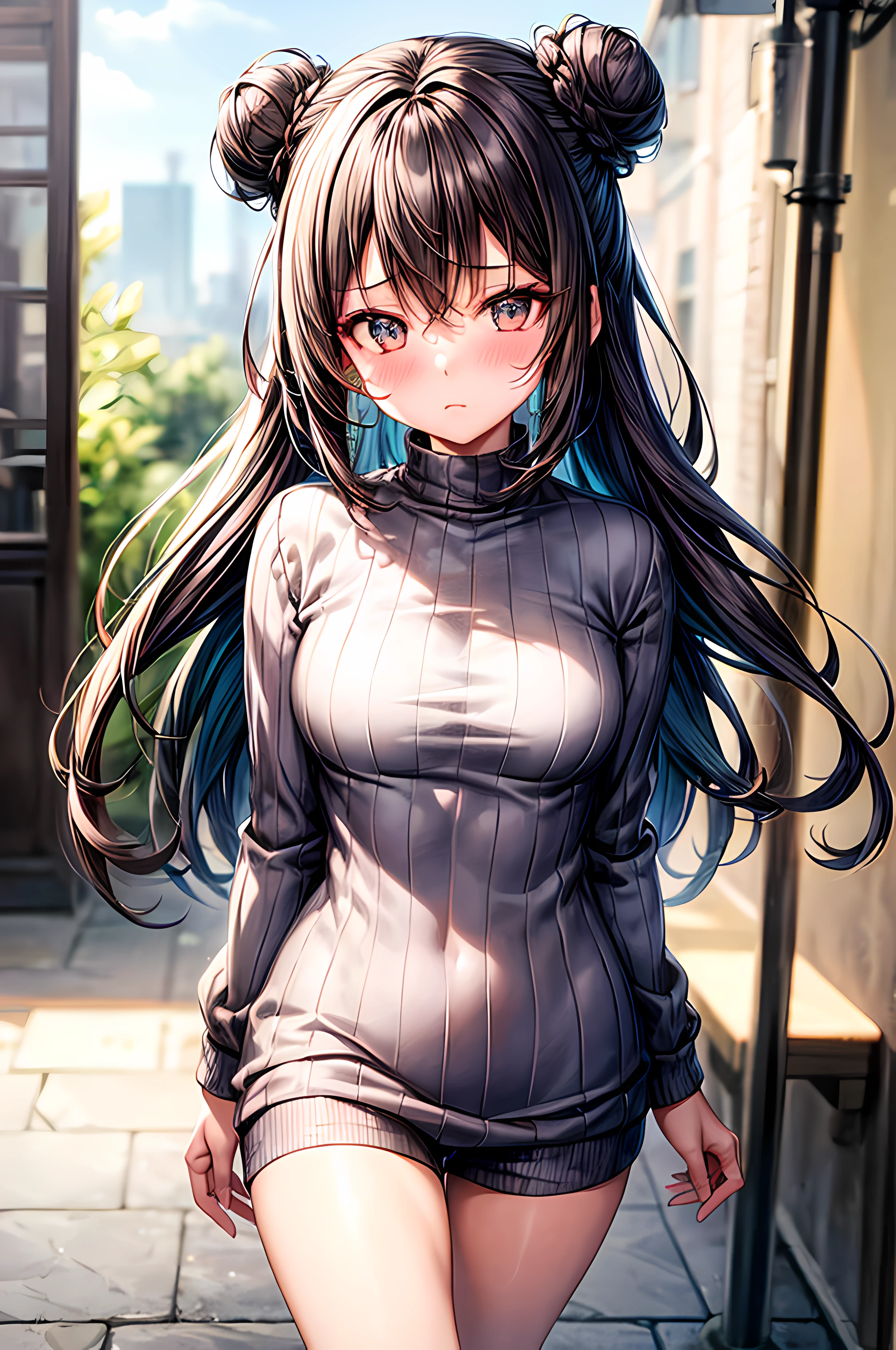 1girl, bun hair, slightly blushing cheeks, short pants, slim distressed knitted mini dress, black hair color mixed with dark blue, frown, looking at the viewer, add_detail:1