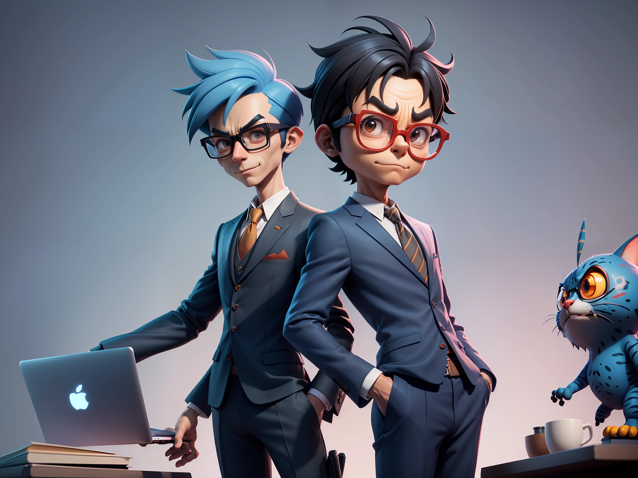 A young man in a suit and pants, Short hair and glasses sat at his desk,holding laptop,digitial painting,tigre,3D character design by Mark Clairen and Pixar and Hayao Miyazaki and Akira Toriyama,4K HD illustration,Very detailed facial features and cartoon-style visuals。