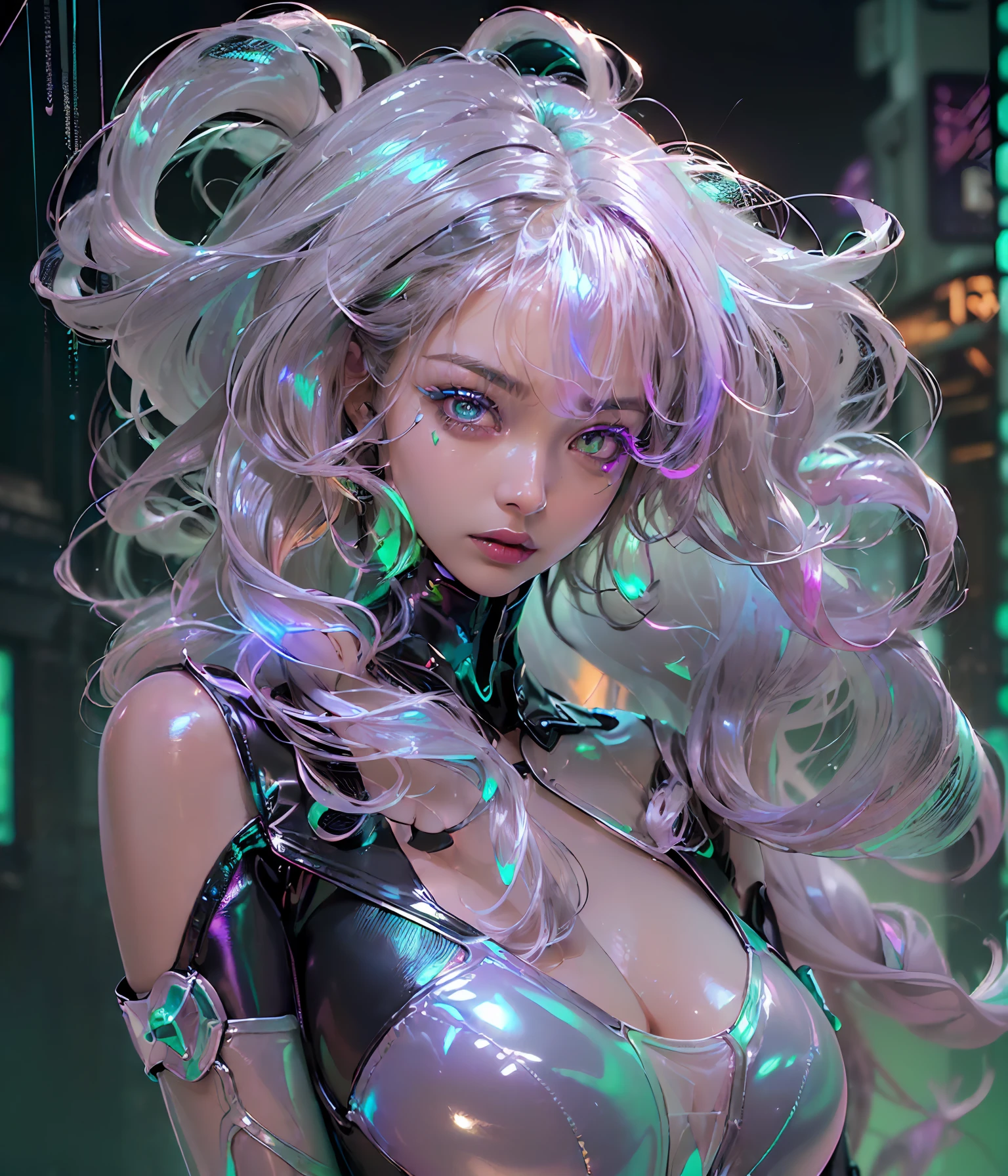 (((Perfect Portrait shot of Girl))), ((extremely long flowing curly fluorescent cyberpunk hair)), best image quality, masterpiece, super high resolution, (fidelity:1.4), photo, (((1 girl))) dim, darkness, movie, (translucent futuristic black outfit and clothes:1.5), (translucent clothes:1.4), ((cyberpunk)), cyber gear, ((robot)), apocalypse, futuristic, (((overly large hanging breasts))), ((perfect and sharp facial features ((portrait)), (((dynamic shot))), ((perfect body)), ((award winning super realistic photo)), (((extremely tight reflective shiny translucent latex))), textured pastel color background, colourful, vibrant, ((gorgeous perfect shaped multicoloured reflective eyes))
