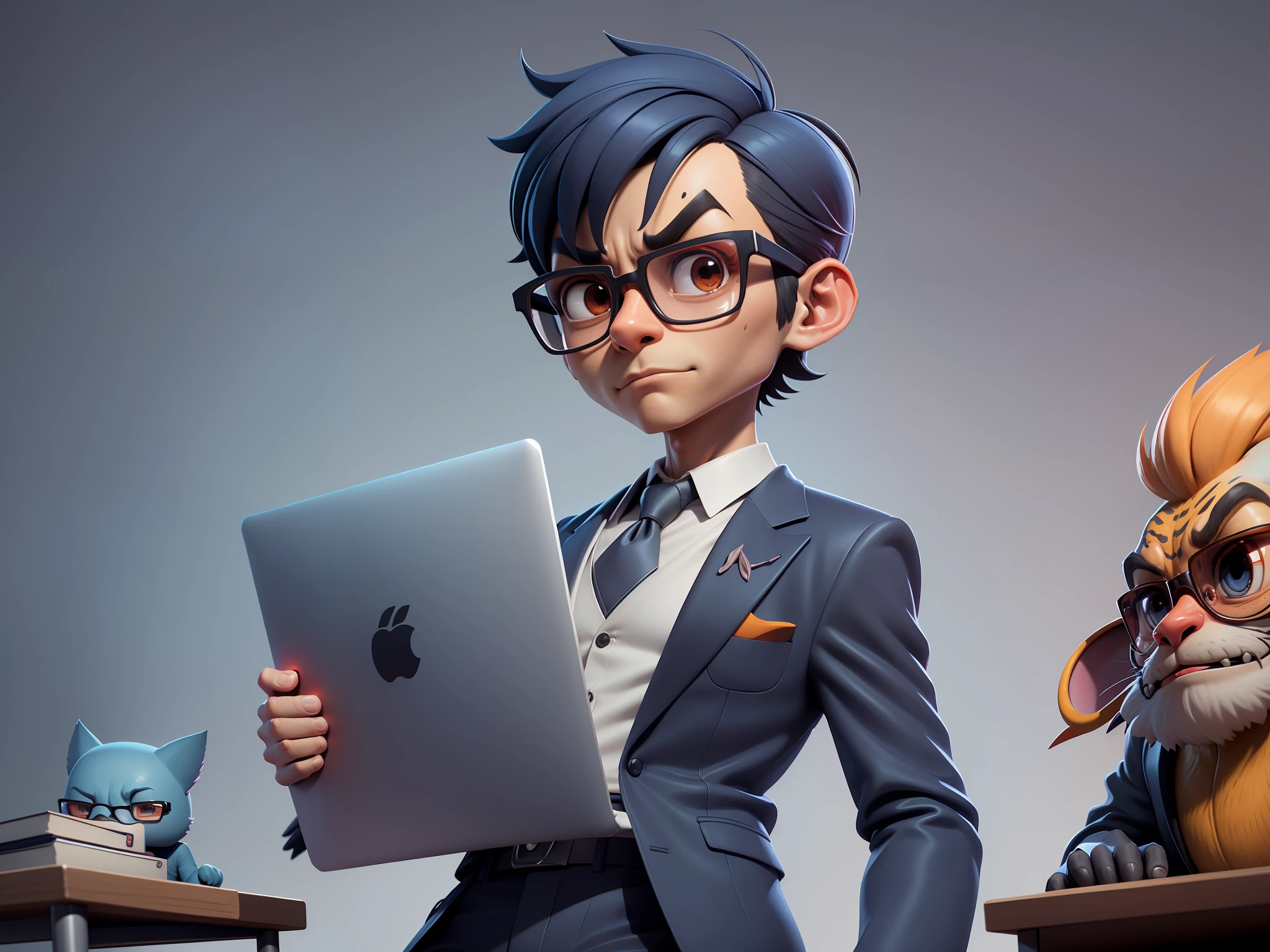 A young man in a suit and pants, Short hair and glasses sat at his desk,holding laptop,digitial painting,tigre,3D character design by Mark Clairen and Pixar and Hayao Miyazaki and Akira Toriyama,4K HD illustration,Very detailed facial features and cartoon-style visuals。