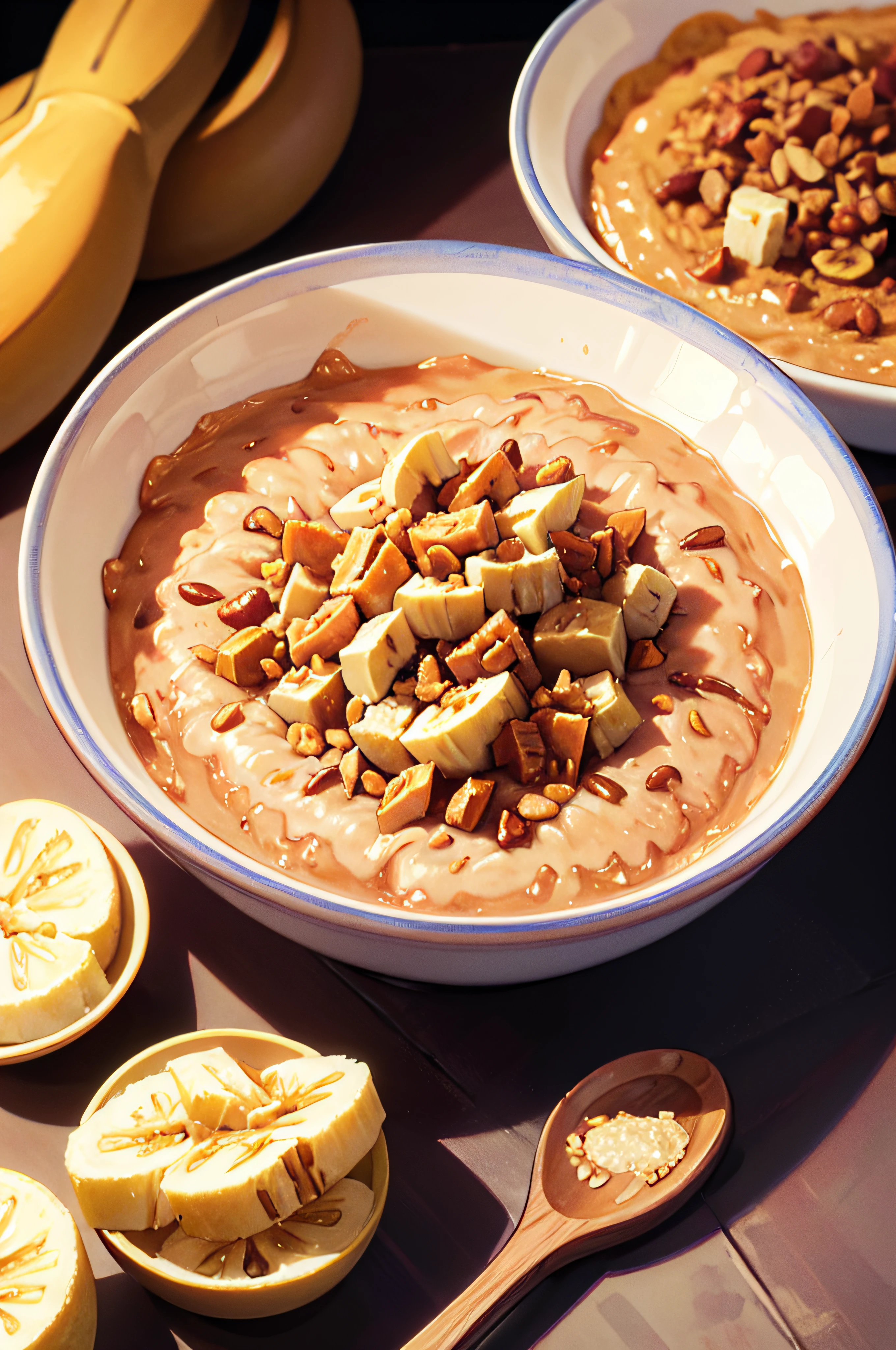 a bowl of Peanut Butter and Banana Overnight Oats, ((masterpiece)),illustration,high detail, soft lighting, delicious, colorful, aesthetically pleasing, studio lighting, trending