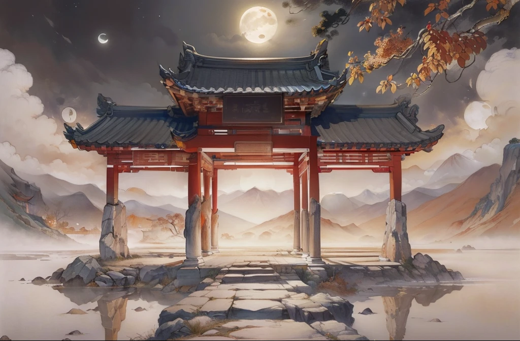 Ancient Chinese landscapes,Ancient buildings,Pavilions,Carved beams and paintings,enchanting scenery,Night,Moon light,Layered, Rich light and shadow,Mid-Autumn Festival, Ink painting style,clean color,Low-saturation colors,Colors of low brightness,Decisive cut,Leave white space,impressionistic,tmasterpiece,ultra - detailed,Epic composition, HighestQuali,hyper realisitc,Art germ --v 6