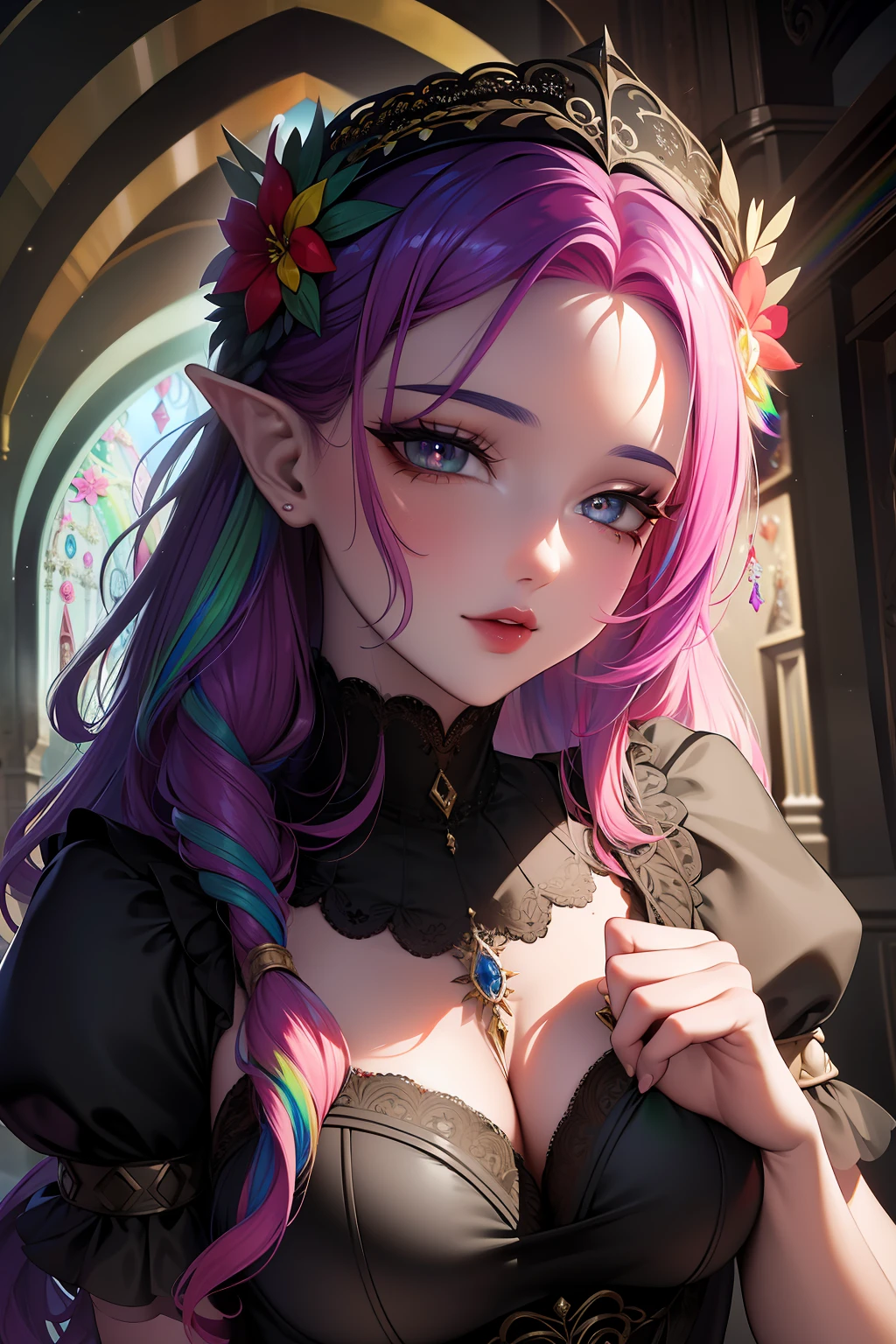 Melhor qualidade, obra-prima, ultra alta res, retrato surreal, surrealismo, sonho-como, Salix florescer em um vaso, criatura de fantasia, DiamonAI -imagine -((rainbow hair)), (((rainbow hair))), master part, melhor qualidade, ((elfo)), cabelo longo, rainbow hair, large eyelashes, olhos ultra detalhados, detailed hands, dedos ultra detalhados, mulher adulta, seios grandes, elfo, quadril largo, olhos detalhados, detailed hands, dark ilumination, bruxa, de chapel grande, (chapel de bruxa), glitter, vestido longo de renda vermelho, Accessories, head ornament