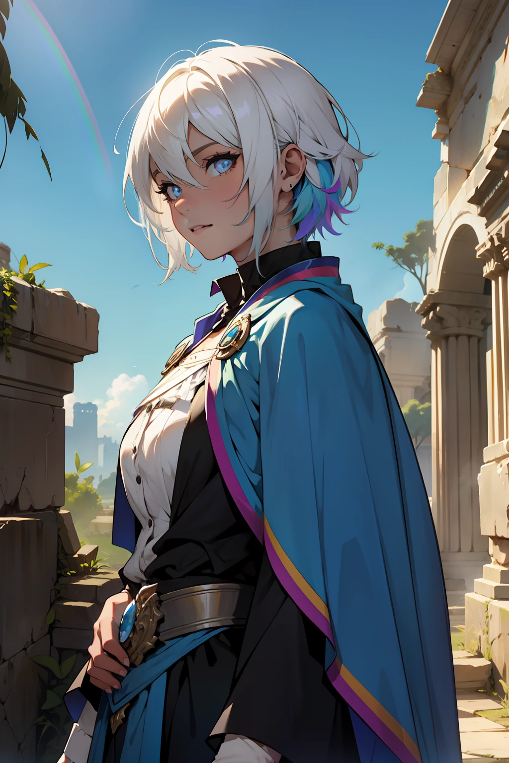 (Best quality at best),Detailed ruins ruins background,Beautiful female doll,with short white hair,Rainbow-colored pupils,Wearing a blue cape,The face is delicate