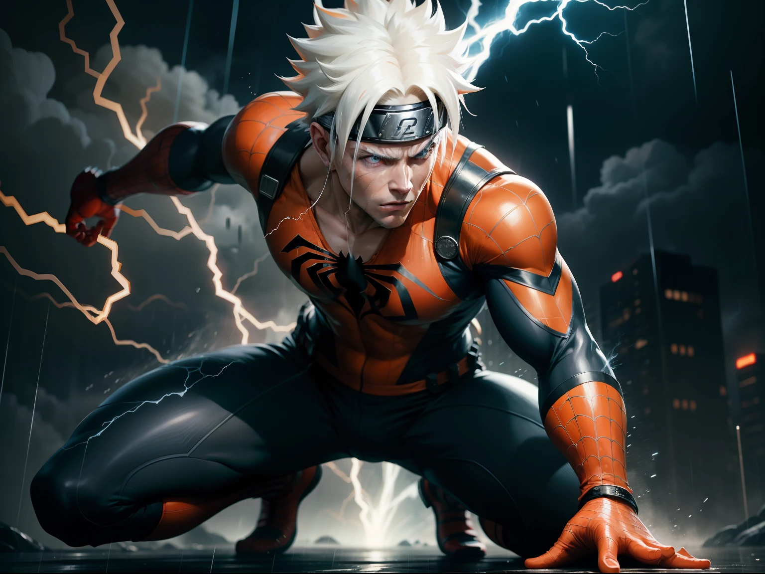 Naruto as Spiderman standing in the rain with Orange clothes and white hair collecting his power and strength , lightning in the background, highly detailed, hq 4k wallpaper, wallpaper 4k, futuristic style, wallpaper 4 k, highly detailed 4 k art, 4 k hd wallpaper very detailed, marvel art