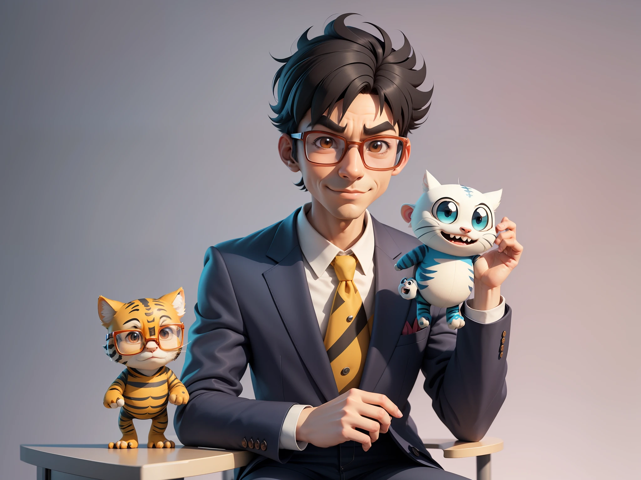 A young man in a suit and pants, Short hair and glasses sat at his desk,holding laptop,digitial painting,tigre,3D character design by Mark Clairen and Pixar and Hayao Miyazaki and Akira Toriyama,4K HD illustration,Very detailed facial features and cartoon-style visuals。