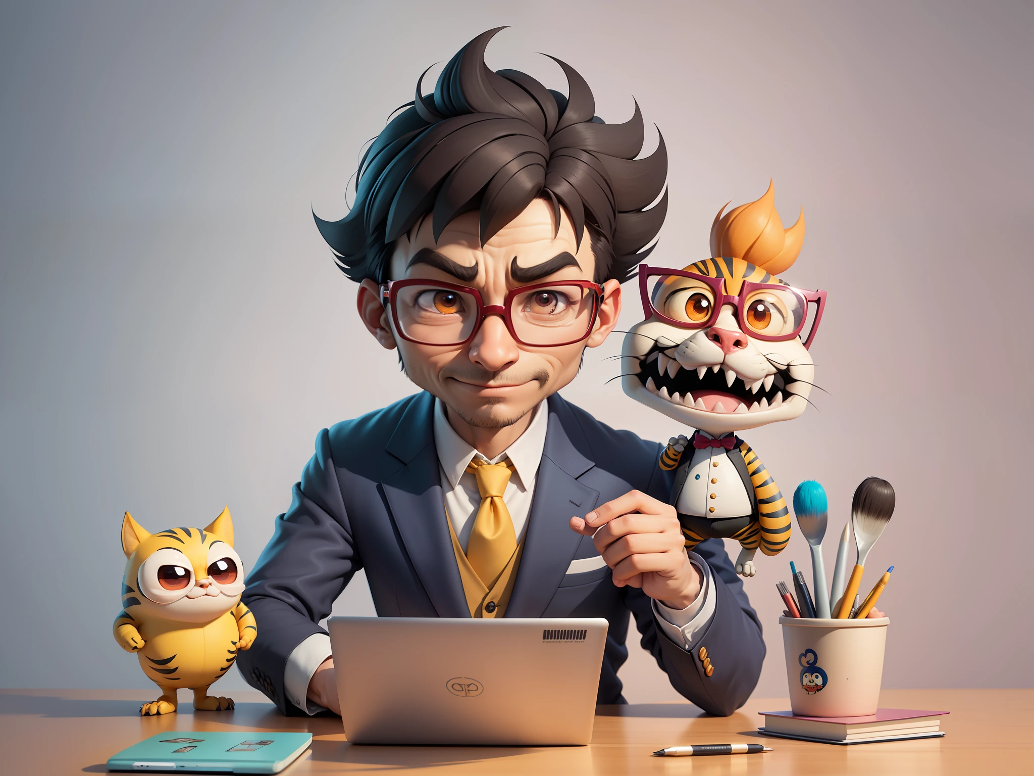 A young man in a suit and pants, Short hair and glasses sat at his desk,holding laptop,digitial painting,tigre,3D character design by Mark Clairen and Pixar and Hayao Miyazaki and Akira Toriyama,4K HD illustration,Very detailed facial features and cartoon-style visuals。