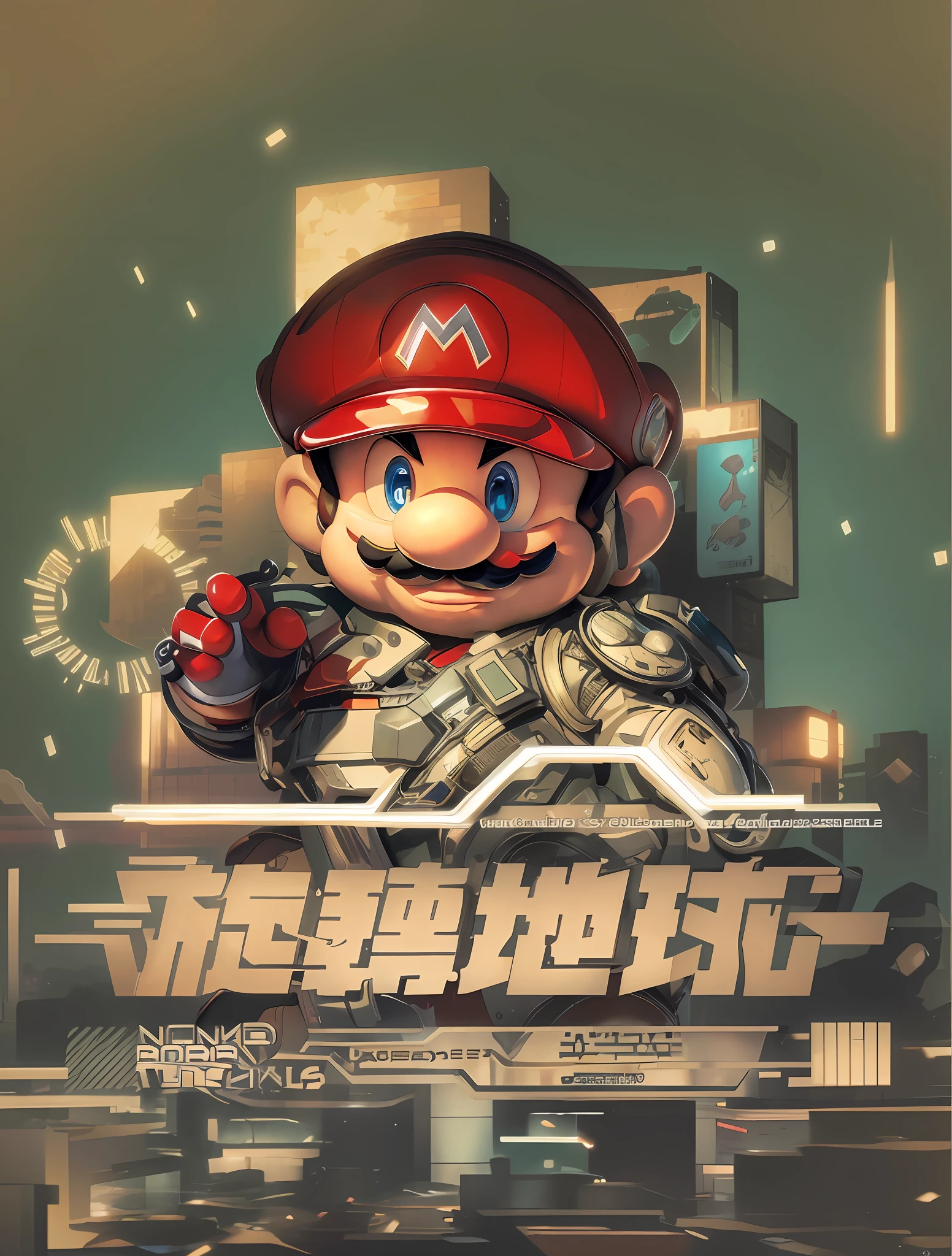 Future City Nintendo character poster, Official artwork, front cover of a new video game, high detailed official artwork, Super Mario theme, game promotional poster, nintendo game art, mario, inspired by Mario Cooper, fan artwork of mario, "mario" Theme, inspired by Yanjun Cheng, video game cover, advanced digital game coverart, promo art