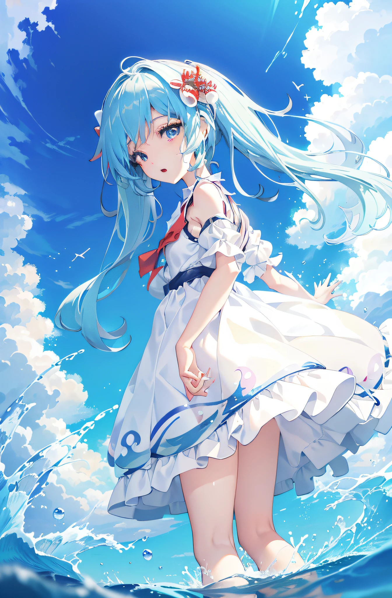 When an anime girl in a white dress stands in the sea、the hair flutters with the wind, loli in dress, Cirno, Lori, official artwork, anime moe art style, azure sky, anime style 4 k, splash art anime loli, cirno touhou, Wallpaper Anime Blue Water, cirno from touhou, beautifull puffy clouds. Anime