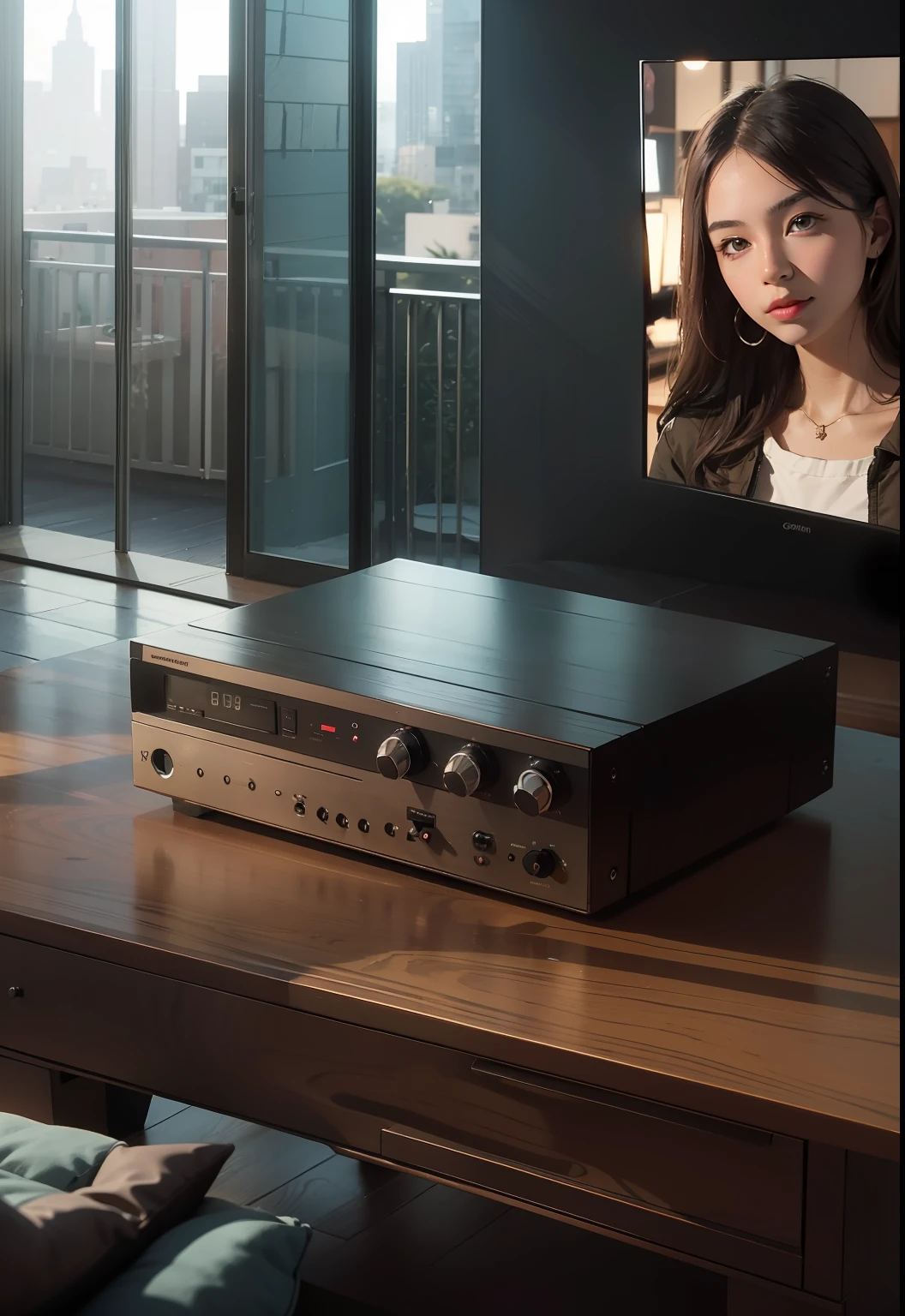 (Black power amplifier:1.3)((Masterpiece, Best quality)), 8K, modern architectural style, photographrealistic, hyperedetailed photo, The interior of the apartment living room is high resolution,liveroom ,sofe,tv set,A coffee,Place the spoon on the plate,Style: flat lay --air 3:2, Best quality, artwork of a, Photorealistic