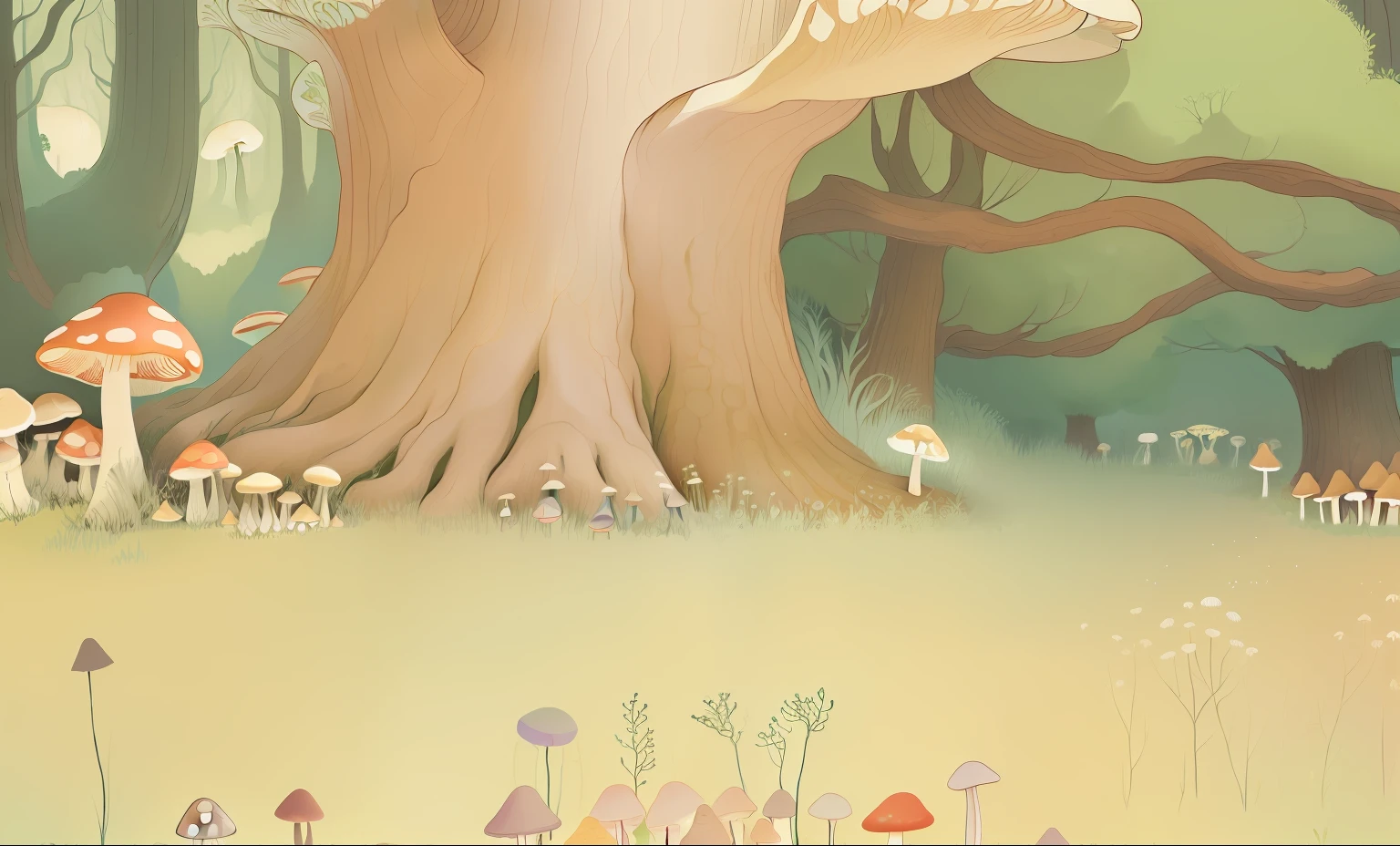 There are many mushrooms that grow from the ground, Mushroom forest, storybook illustrations, forest made of mushrooms, inspired by Elsa Beskow, whimsical forest, illustrated in whimsical style, toadstools, elf forest background, dreamlike illustration, Storybook illustration, cute storybook illustration, large view, storybook illustrations, fairy tale forest