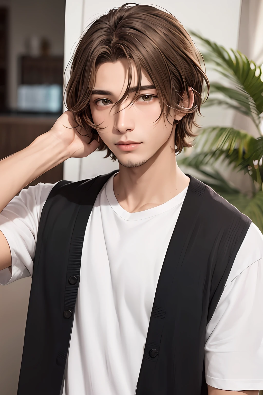 Homem jovem marrom cabelo liso preto olhos amarelos anime