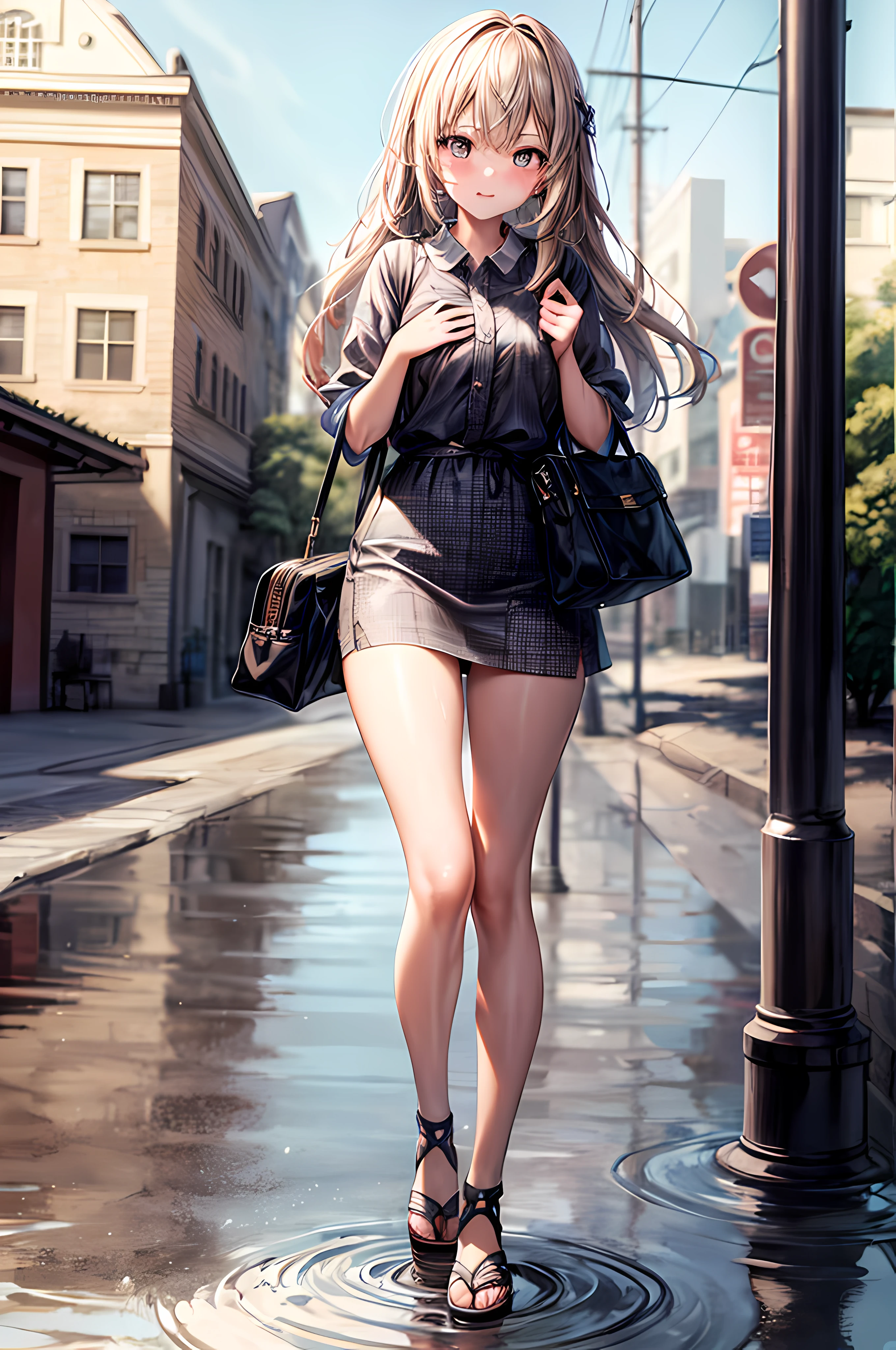 (masterpiece, absurdres, best quality, 8K, large masterpiece digital art, detailed manga illustration), perfect anatomy, (intricate details, ultra-detailed), (natural lighting), 1girl, kawai clothes, staring at puddles, seeing herself in water, cute face, puddles on the street, residential background, carrying cute bags, blushing cheeks, cute skirts, looking at the viewer, add_detail:1