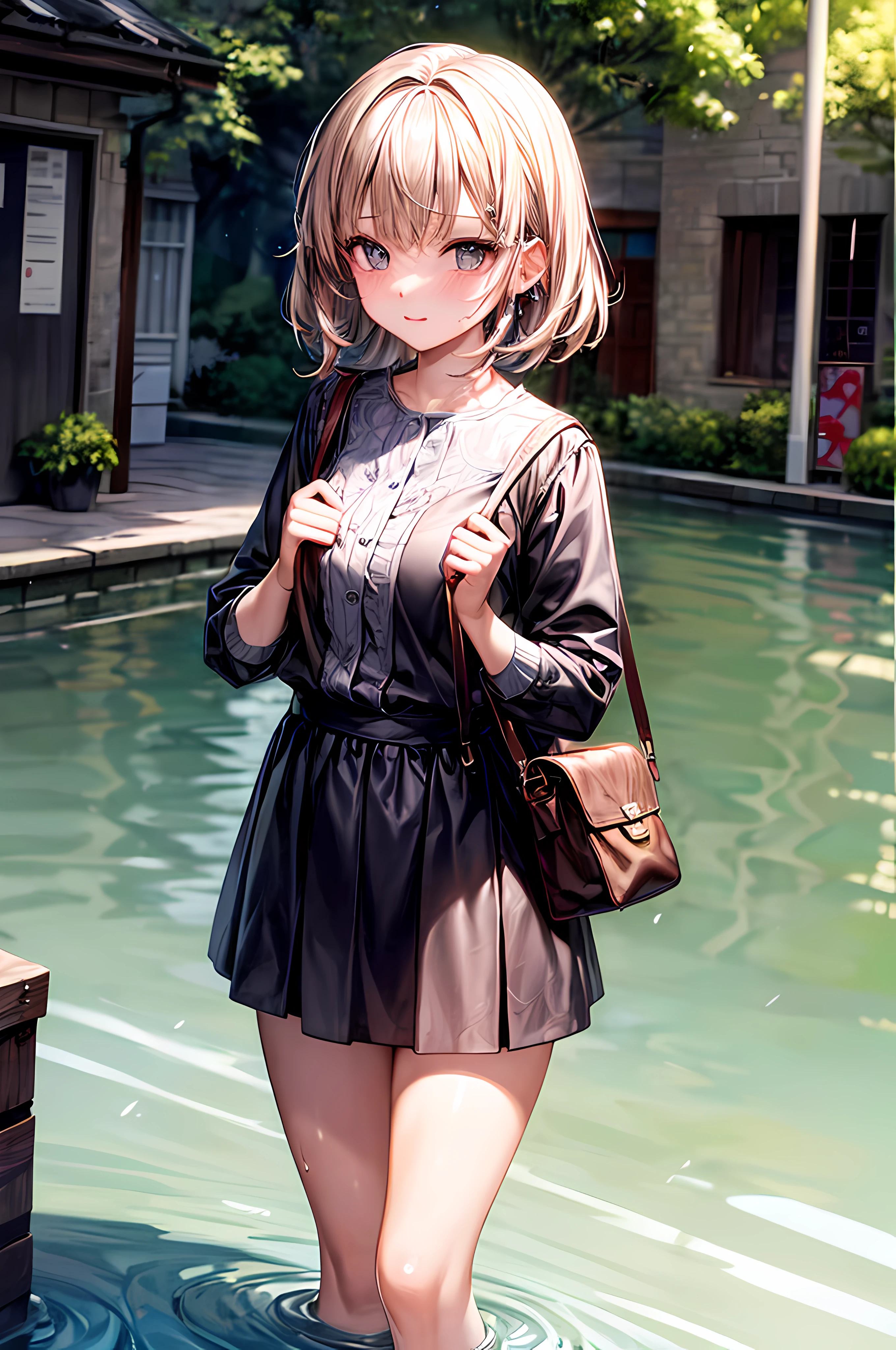 (masterpiece, absurdres, best quality, 8K, large masterpiece digital art, detailed manga illustration), perfect anatomy, (intricate details, ultra-detailed), (natural lighting), 1girl, kawai clothes, staring at puddles, seeing herself in water, cute face, puddles on the street, residential background, carrying cute bags, blushing cheeks, cute skirts, looking at the viewer, add_detail:1