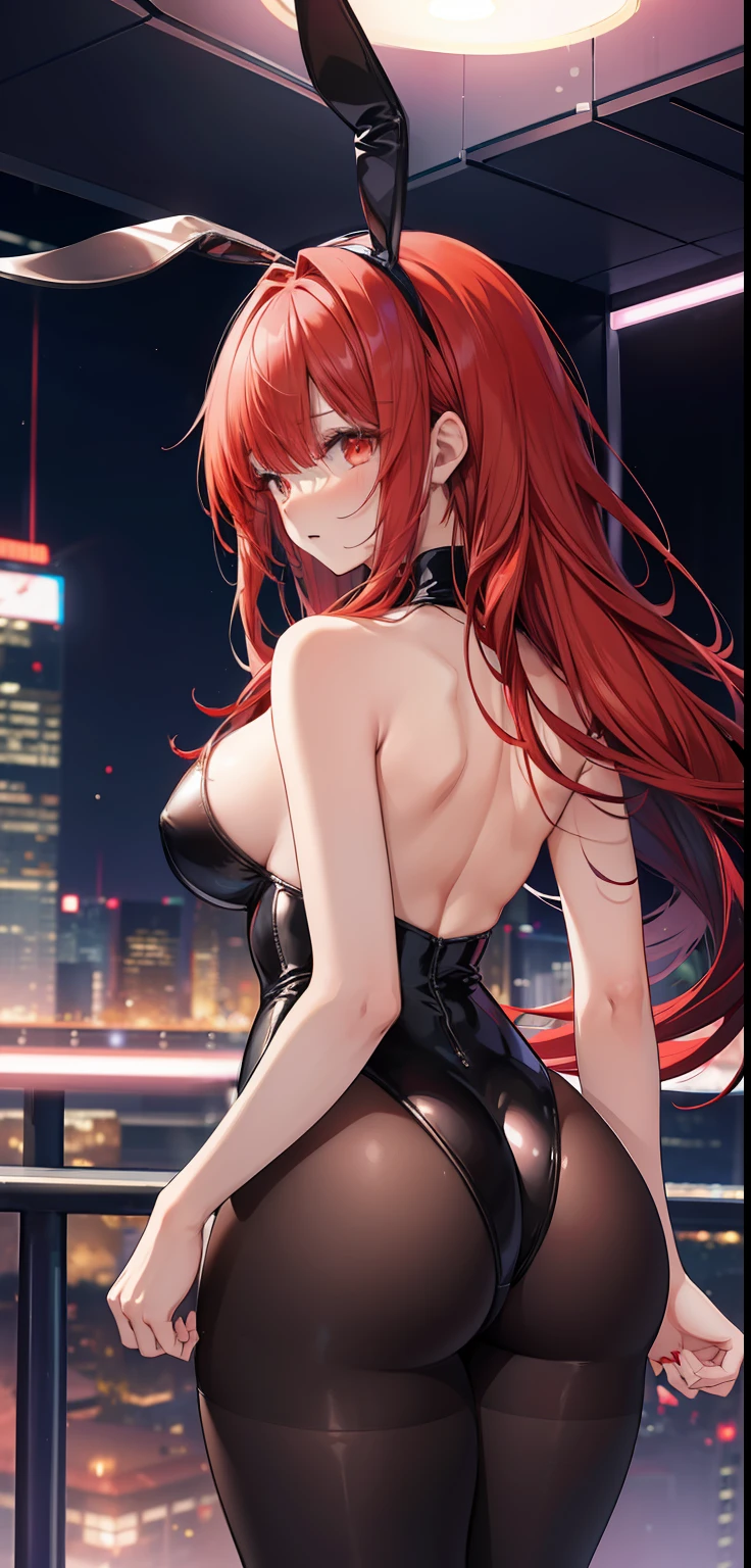 1 Girl, from the back, not showing face, big red hair, black hair tips, bangs, sexy anime rabbit outfit with pantyhose, thin waist, big chest, thick legs, big thigh, standing, background scenery, on a nightclub, colored lights, ambient detail, ultra detailed