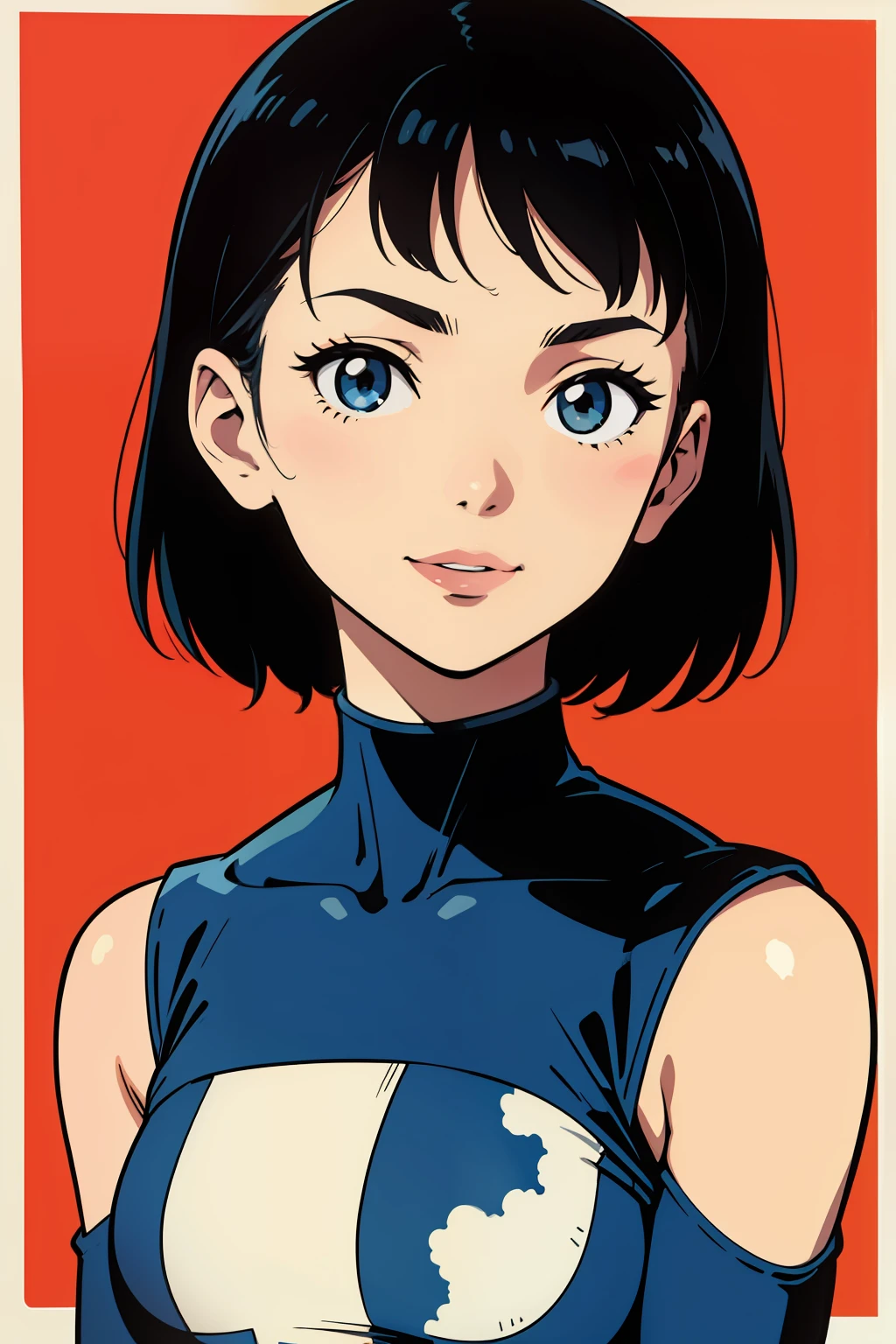 Comic,Masterpiece,outline,A high resolution,halftone,Upper body, A girl,Solo, (looking toward the viewer:1.1),Simple background,Borderless panel,symetry,Katsuhiro Otomo art style,ssmile