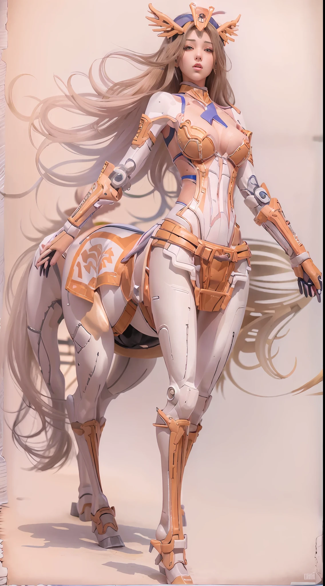 A female centaur,She is famous in the multiverse,She is both a female centaur, half human, half horse, half horse,It is also a female Yingzhao。She blends both images,The first is the head of a horse/neck/Shoulder these parts,After feminization,The upper body transforms into a beautiful female human,Female, half-centaur, half-human, half-horse, half-human,The second is the waist of the horse/hason/gluteal/Legs feminine,Female half-horse with beautiful woman's,Chimer,It's like a female human wearing a half-horse-like costume and making a seamless chimera,This chimerization is based on powerful futuristic technology。The ultra-wide-angle lens captures the image of her sleek and ethereal wings charging and leaping on the ionosphere。Her front half is distinctly feminine,Tall sexy body,Has K cup teardrop-shaped giant tit chest,It has a small man's waist butterfly spanning long legs,The half-horse part of the hind body,Embedded interface in the front half of the body hip position。The horse-shaped, half-horse torso form of her back body is completely female and humanized。A sexy bent dog-style shaped ribcage embedded in the lower back position of the beautiful woman's body from the upper end of the sternum/lower back/Ventral transverse。Then there are the sexy beauty's upright hips,Her entire body has been completely feminized,Including the half-horse part。Mechanized armor covers the legs with knee-shaped anti-joints and feet,And these parts are highly anthropomorphic,This makes her legs graceful and slender,Her four horse legs are bursting in length proportions, and she is slender and toned,Under the legs are skinny white feet dressed in Skyscraper Heels,Use Midjourney's advanced stroke tools and color palettes, as well as texture packs, model packs, and texture tools,Concentration,Femaleize all parts of her original equine physiologic appearance,And give these parts an ergonomic appearance,Fine treatment of the thoracic and abdominal cavity of the posterior body,As well as h