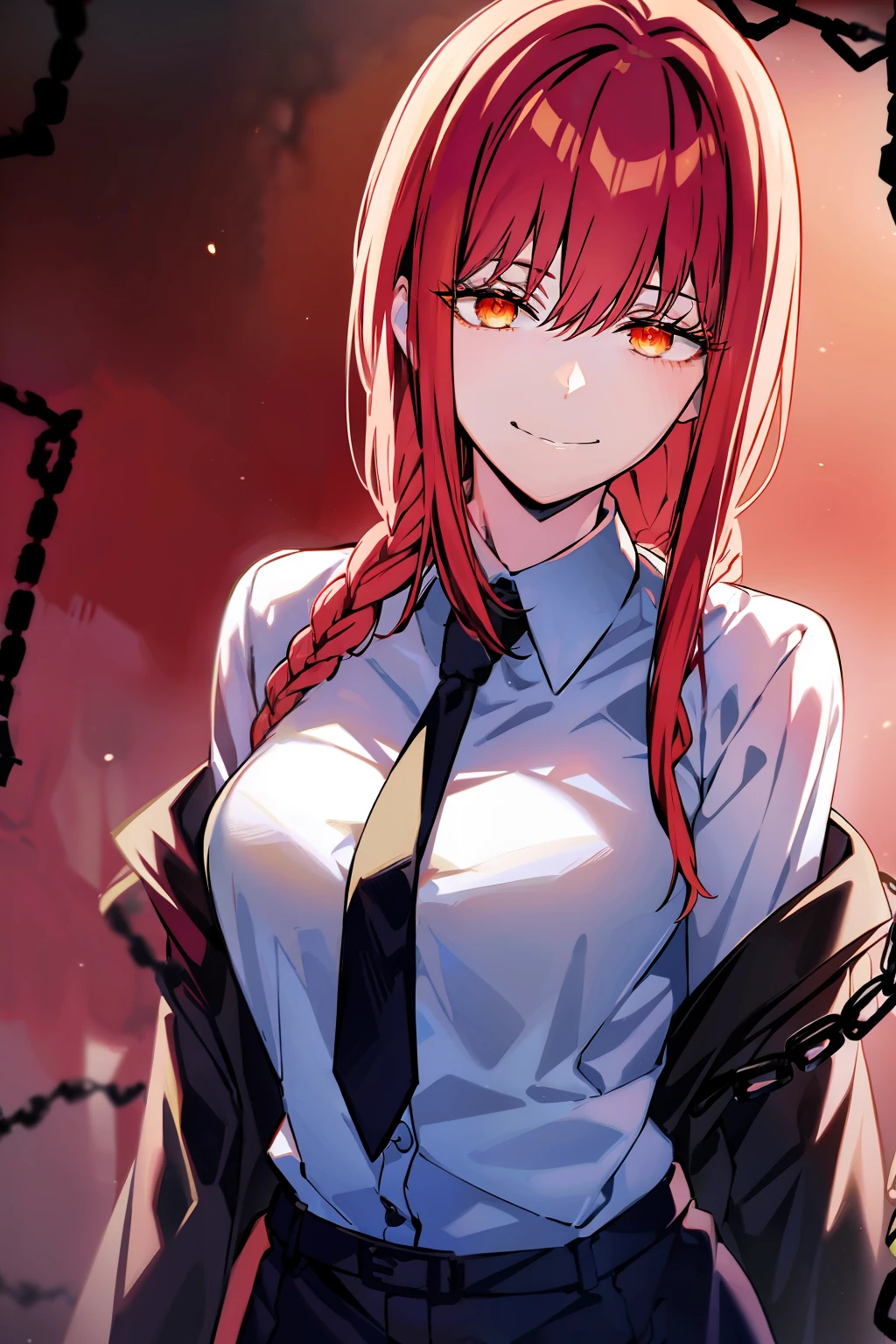 makima \(chainsaw man\), best quality, ultra detailed, 1girl, solo, standing, red hair, long braided hair, golden eyes, bangs, medium breasts, white shirt, necktie, stare, smile, (evil:1.2), looking at viewer, (interview:1.3), (dark background, chains:1.3)