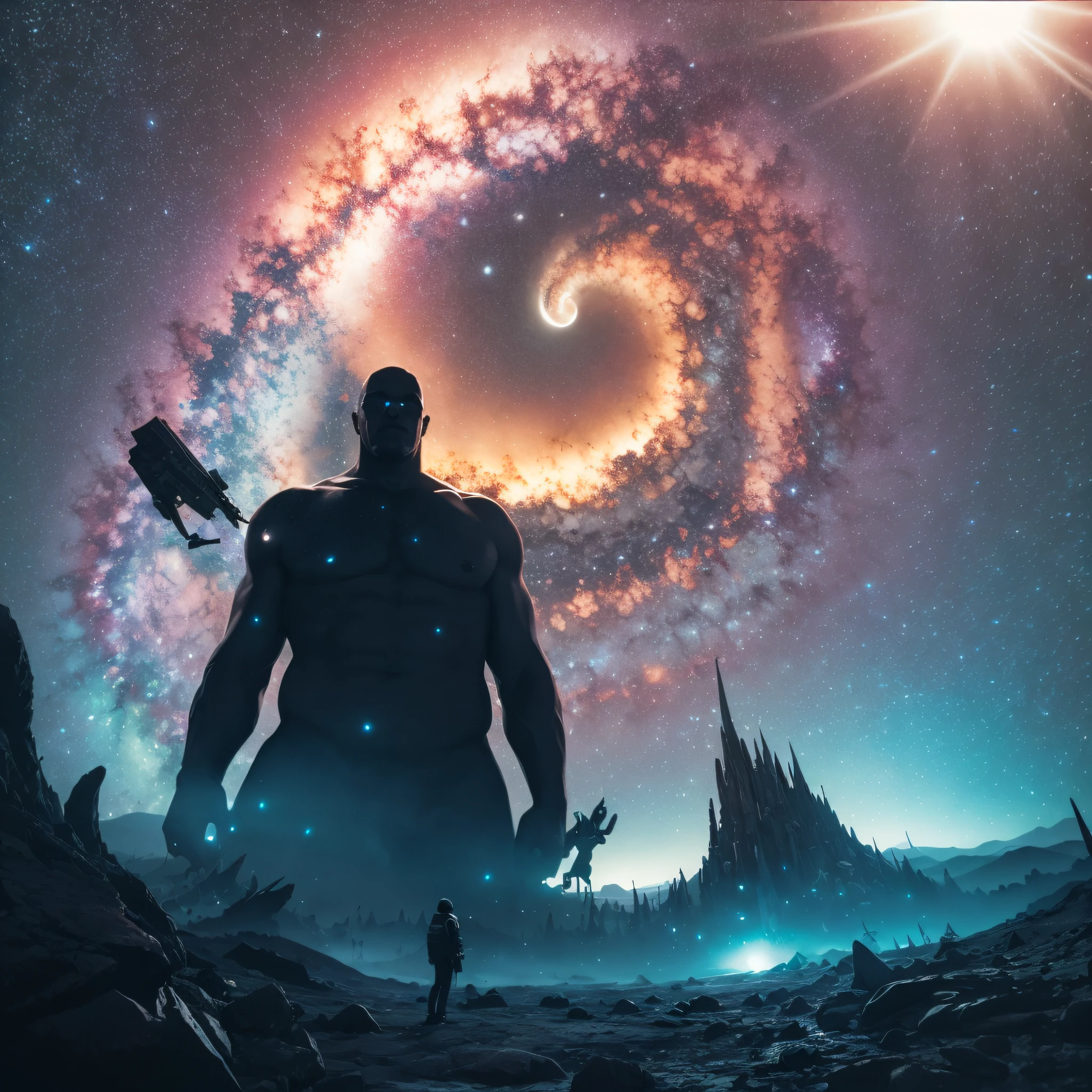 dreamlikeart, [Light, Paint, Just, Spiral Galaxy, Incomprehensible Cosmic Terror: Ink, Shadow, :0.25], Big Man, Eyes, Student, Dublex, Mountain Horizon, Sun, Glitch | Databasing]