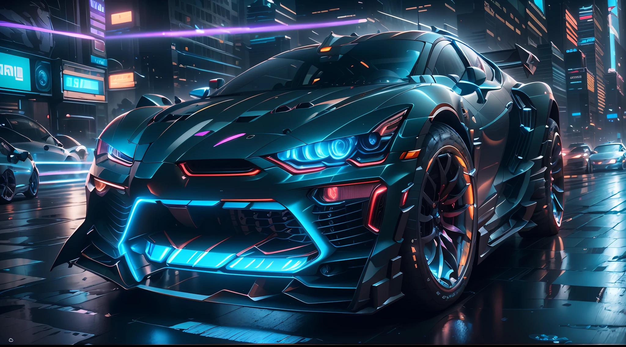a close up of a car on a city street at night, cyberpunk art by Adrian Zingg, cgsociety contest winner, futurism, hyper-realistic cyberpunk style, cyberpunk car, dark futuristic, cyberpunk garage on jupiter, 8k octane 3d render, cyberpunk art ultrarealistic 8k, 8 k cg render, 8 k high detail concept art, 3 d octane render conceptart