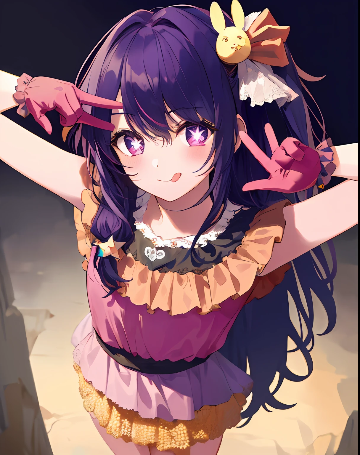 1girl, full body, cowboy shot,
(Rembrandt), illustration, (masterpiece), (best quality), (ultra_detailed), finely detail, (Depth of field),
HshinoAi,gloves, tongue out, tongue, long hair, star \(symbol\), looking at viewer, (purple hair:1.2), purple eyes, upper body, hair ornament, :p, frills, pink shirt, smile, sleeveless, shirt, idol, symbol-shaped pupils, hands up, bangs, one side up, star-shaped pupils, arms up,
dress pull,
Roaring Twenties, isometric, from above, sky, flower, cliff,