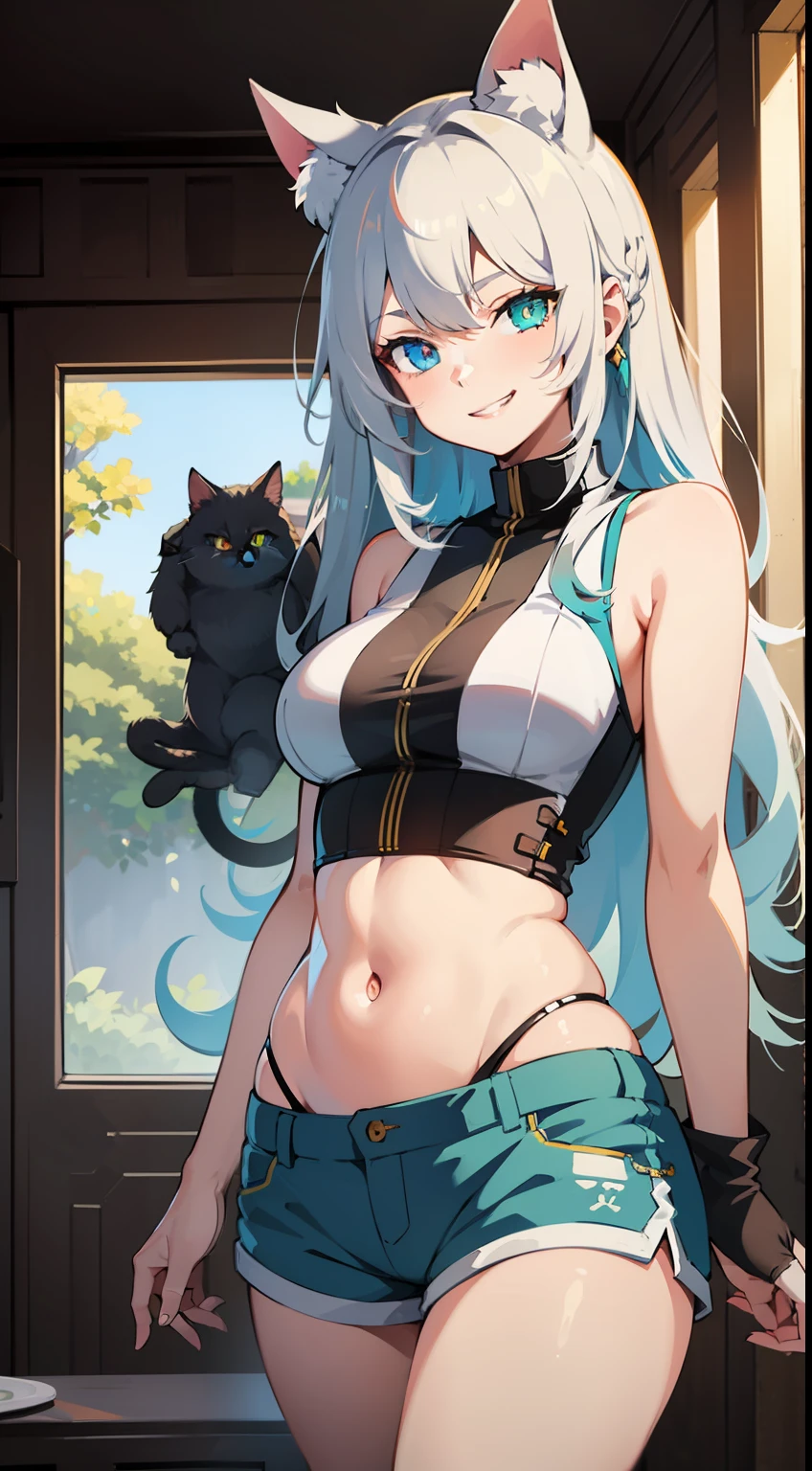 young girl, Long white hair, Cat's ears, Heterochromia, yellow and blue eyes, tight turquoise top, Sleeveless, Shorts, open belly, White patterns on clothes, smirk, Sai, Masterpiece, hiquality