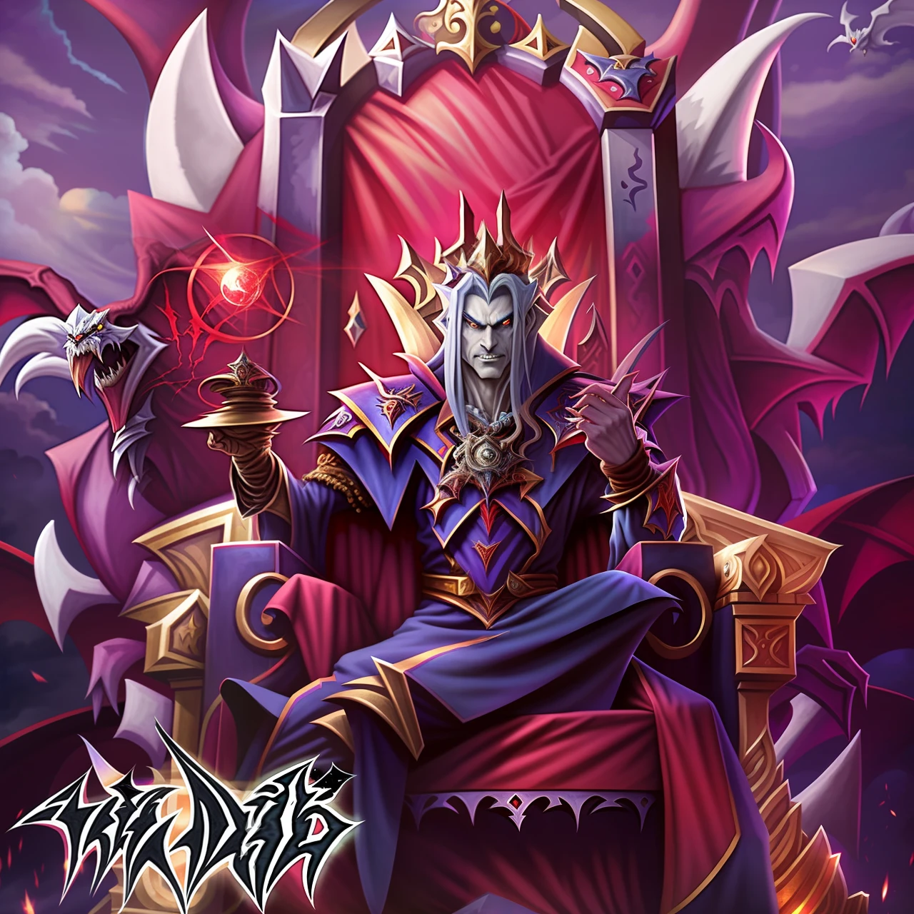 a picture of a cartoon picture of a vampire sitting on a throne, dreadlord on the throne, the former vampire king, yugioh artwork, king of night, high detailed official artwork, the wow dreadlord, yugioh art style, the king of bats, Tichondrius, ruler of the vampires, official artwork, sitting on his throne wielding a blood magic ball