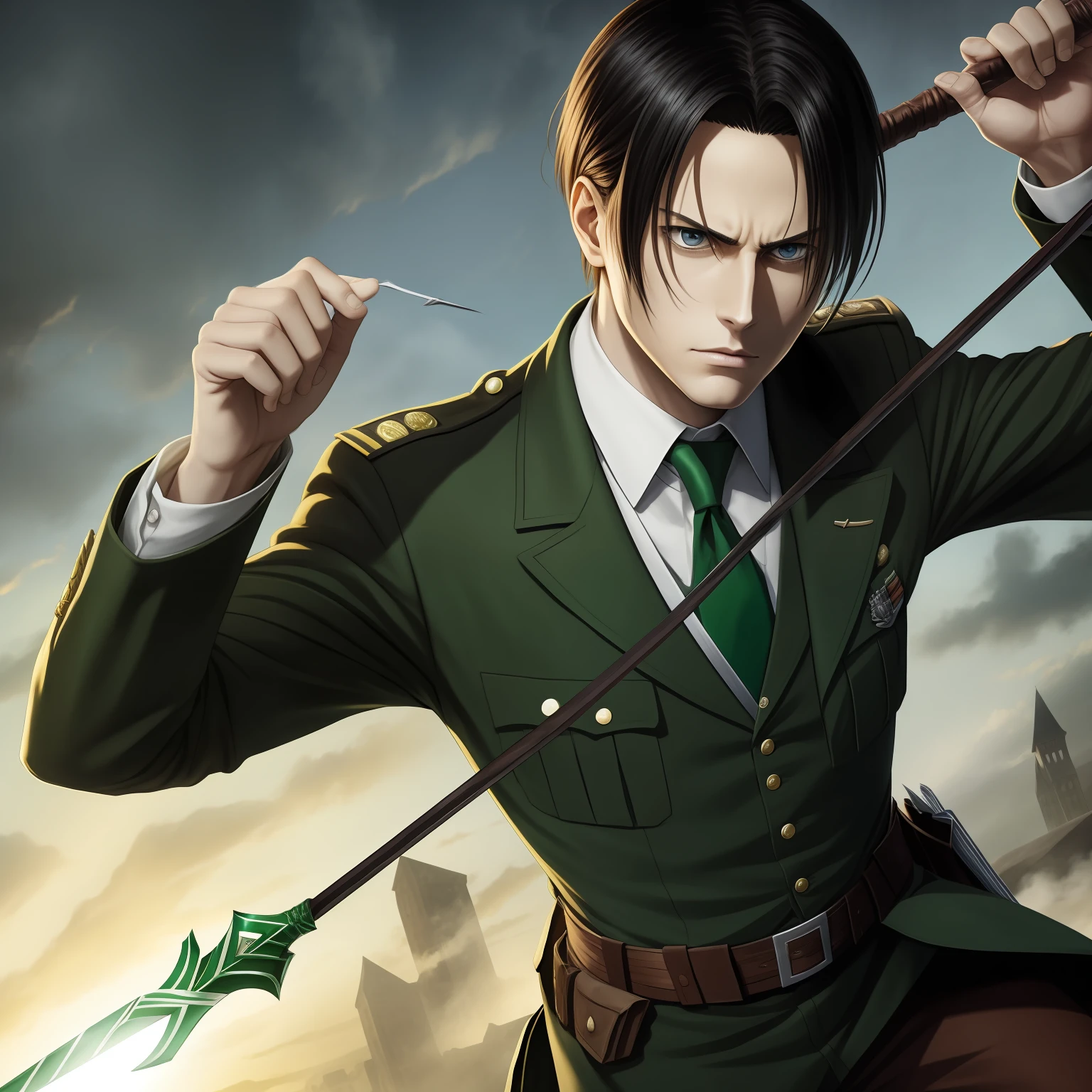 Realistic Levi Ackerman from Attack On Titan wearing the Slytherin uniform from Harry Potter As he holds a wand.