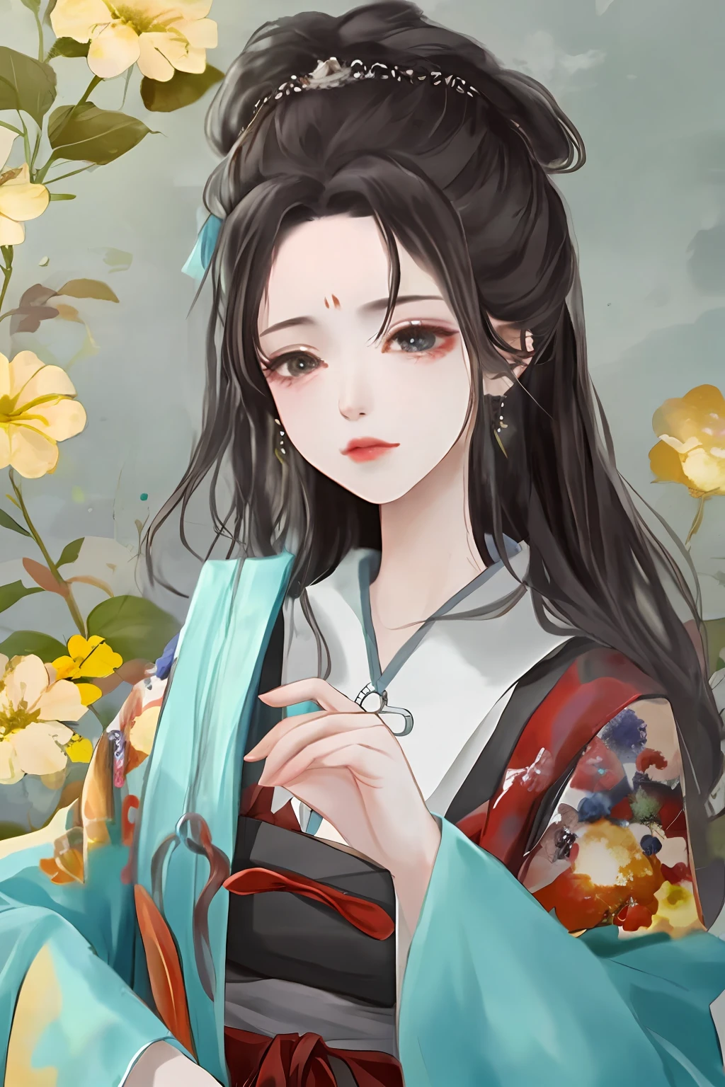 Ancient Chinese beauties flying in the sky，wearing ancient Chinese costume，Flowing tulle，Light silk，Lazy posture，large lotus leaf，lotuses，Ink painting style，clean color，Decisive cut，Leave white space，impressionistic，tmasterpiece，ultra-detailliert，Epic composition, high qulity, HighestQuali, 4K --v 6