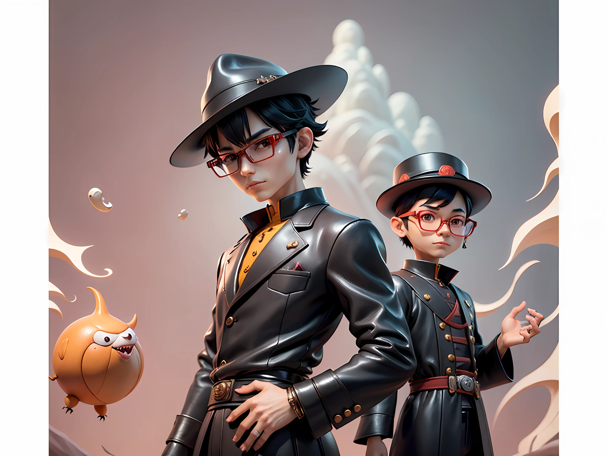 Young man with oriental face in leather hat, dragon, formal suit, short black hair, silver glasses, digital painting, 3D character design by Mark Clairedon and Pixar and Hayao Miyazaki and Akira Toriyama, the illustration is a high-definition illustration in 4K resolution with very detailed facial features and cartoon-style visuals.