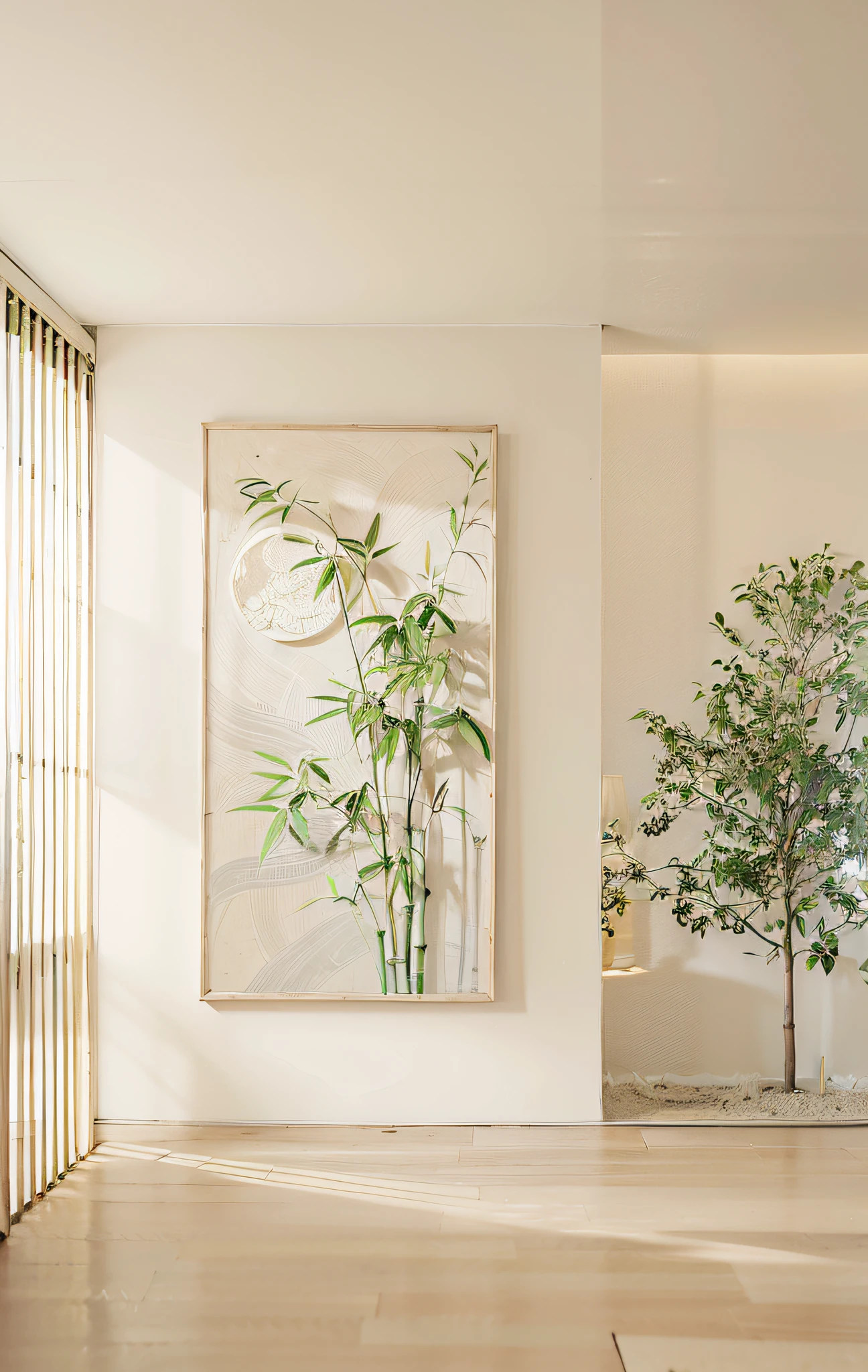 There is a painting of bamboo trees in the room, hanging scroll on wall, High quality painting, high quality art, canvas painting, elegant and refined painting, extremely high quality artwork, Chinese painting style, bamboos, clean elegant painting, inspired by Luo Ping, painting for a wall, Chinese style painting, minimalistic painting, Japanese style painting, minimalist painting