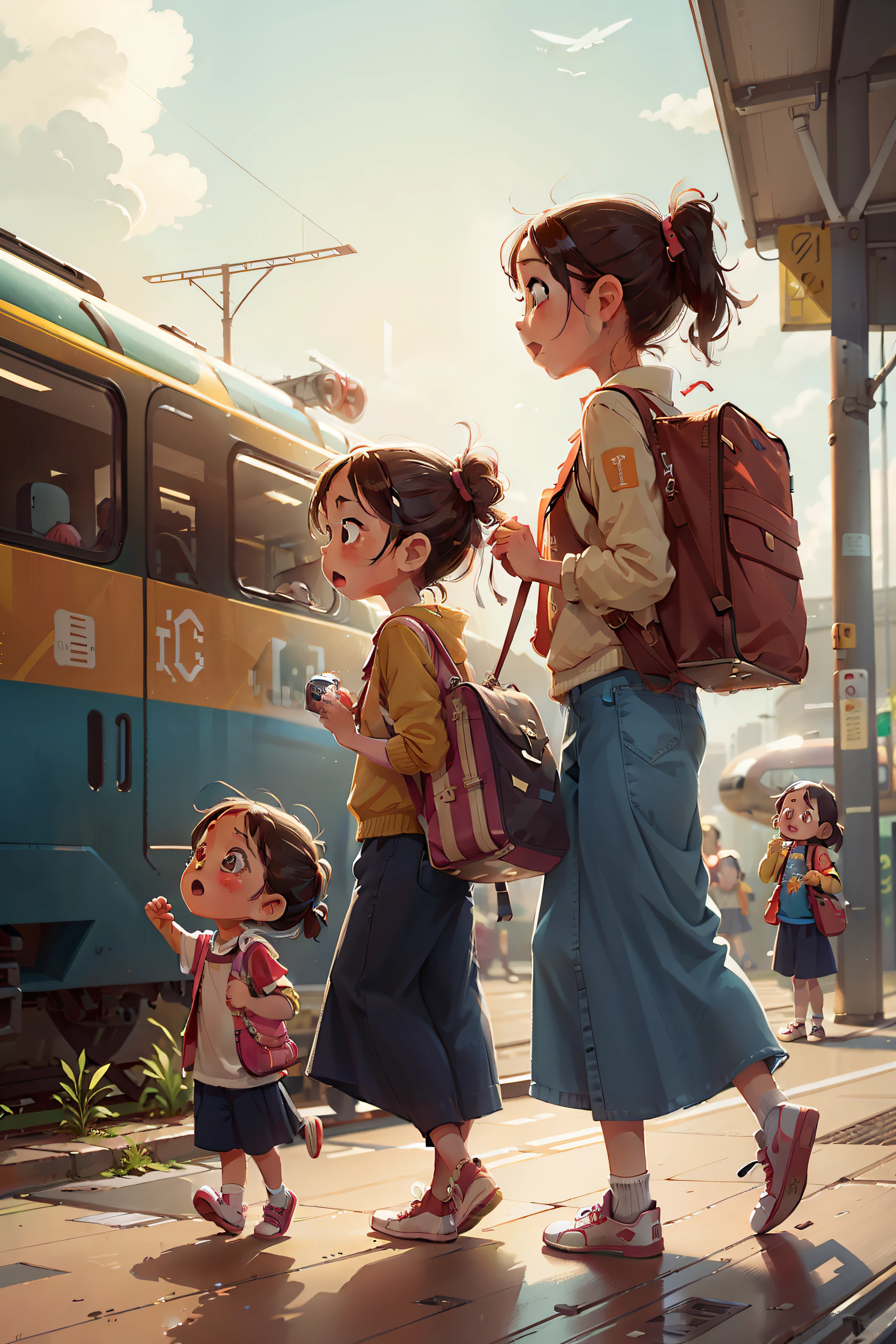 Travelling as a family of three,Dragging suitcases,fathery、mothers、bit girl,High-speed rail station,Side view,Rejoice,Pleasure