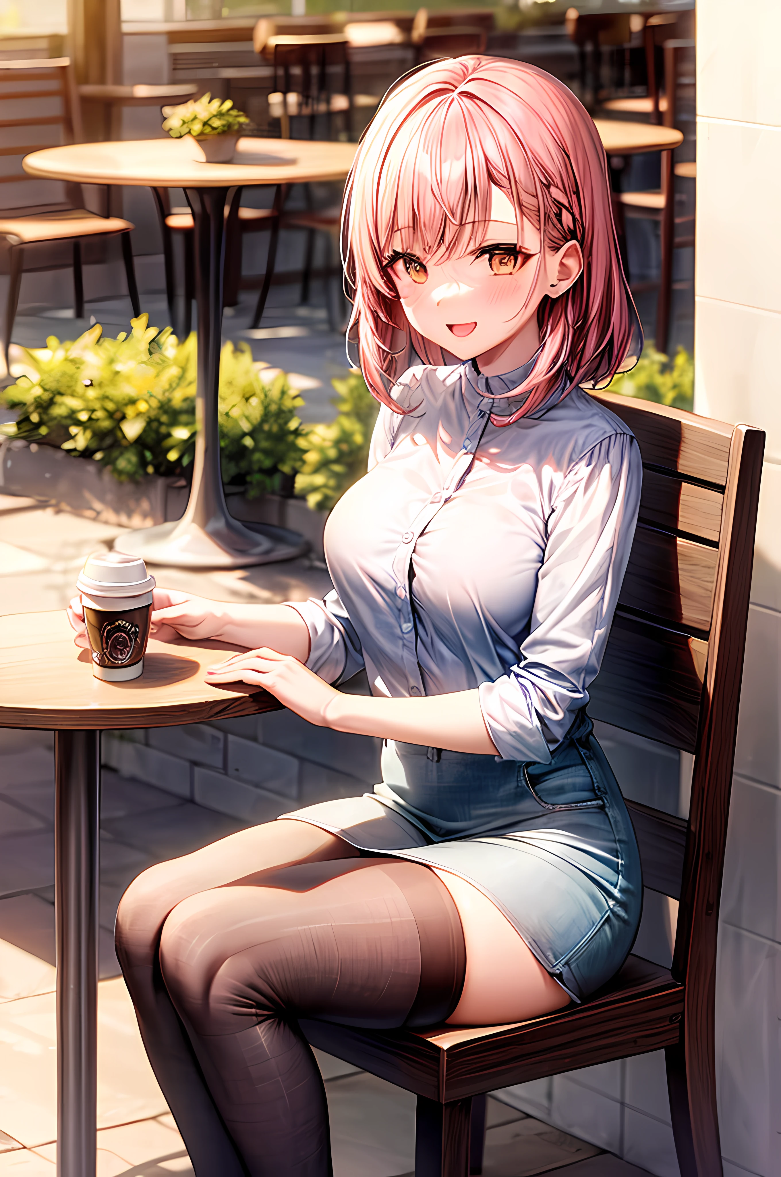 1girl, mature female, milf, cafe, sitting at a cafe table, calling someone, happy face, blush, pink hair, yellow eyeballs, coffee on the table, looking at the viewer, add_detail:1