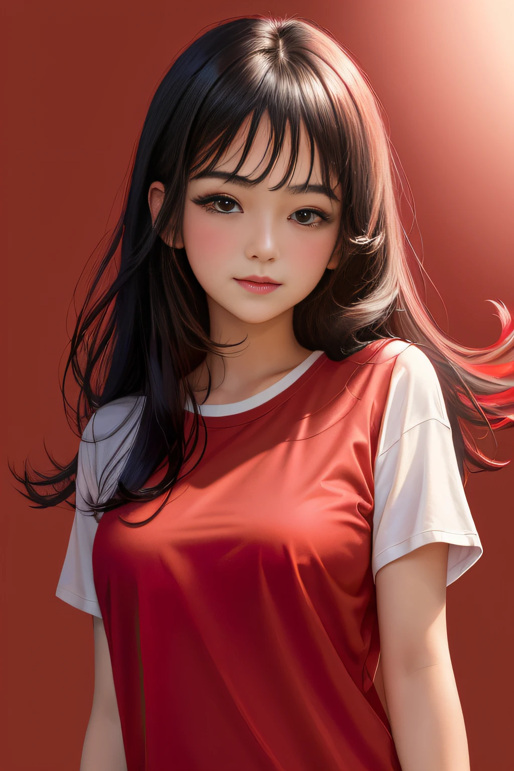 masterpiece, best quality, 1girl ((pure red background)), black hair, floating hair, blush, looking at viewers, white T-shirt, happy, ((front)),upper body, close-up, (studio light), soft light, dark style, night style, red light