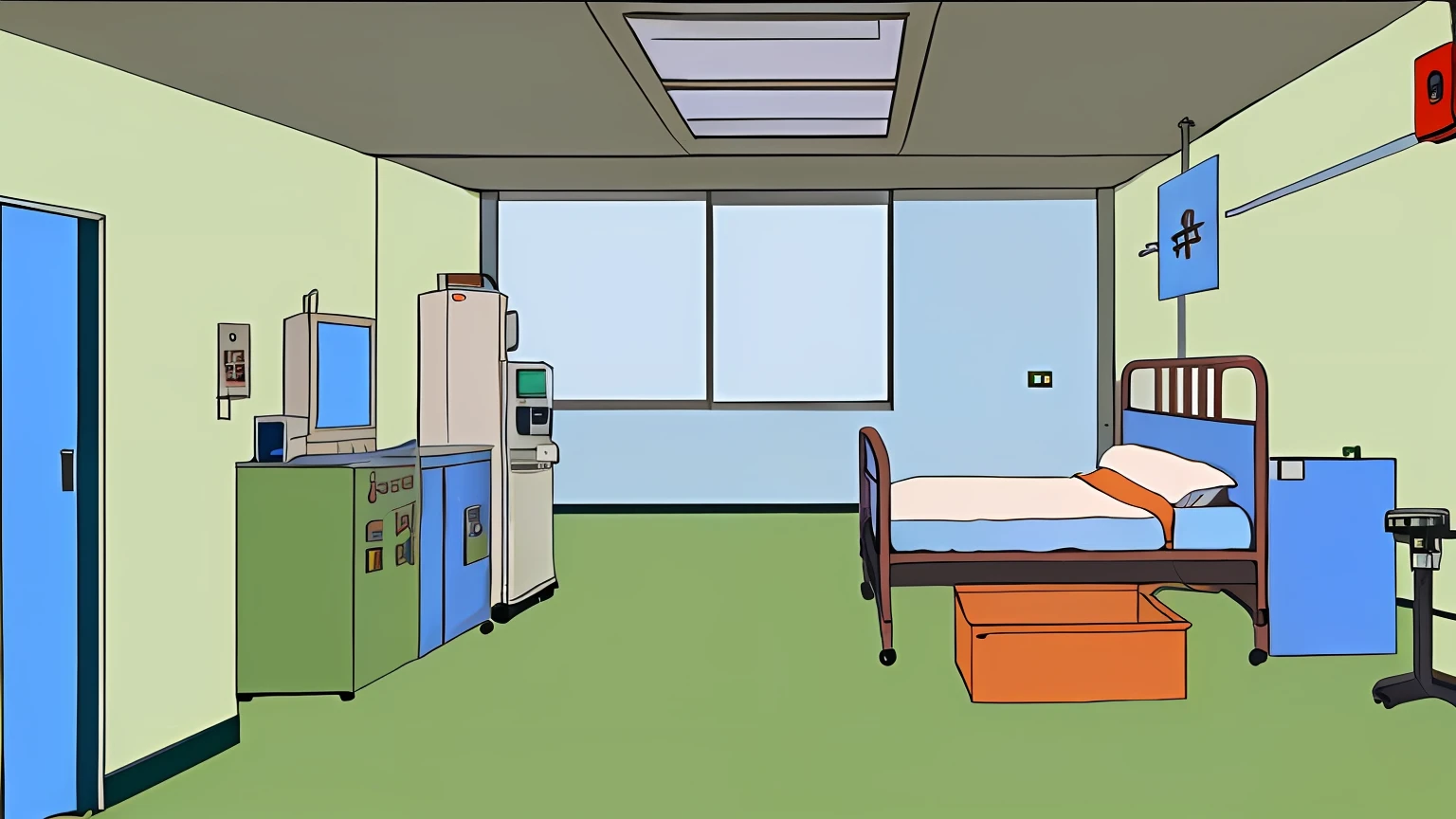 There is a drawing of a ward with a bed and a refrigerator, hospital in background, sickroom, candy hospital room, sterile minimalistic room, indoor lab scene, sickroom, personal room background, clean room, laboratory background, Hospital interior, Claustrophobic room, surgery room, alien room background, interior background art, rpg maker style bedroom