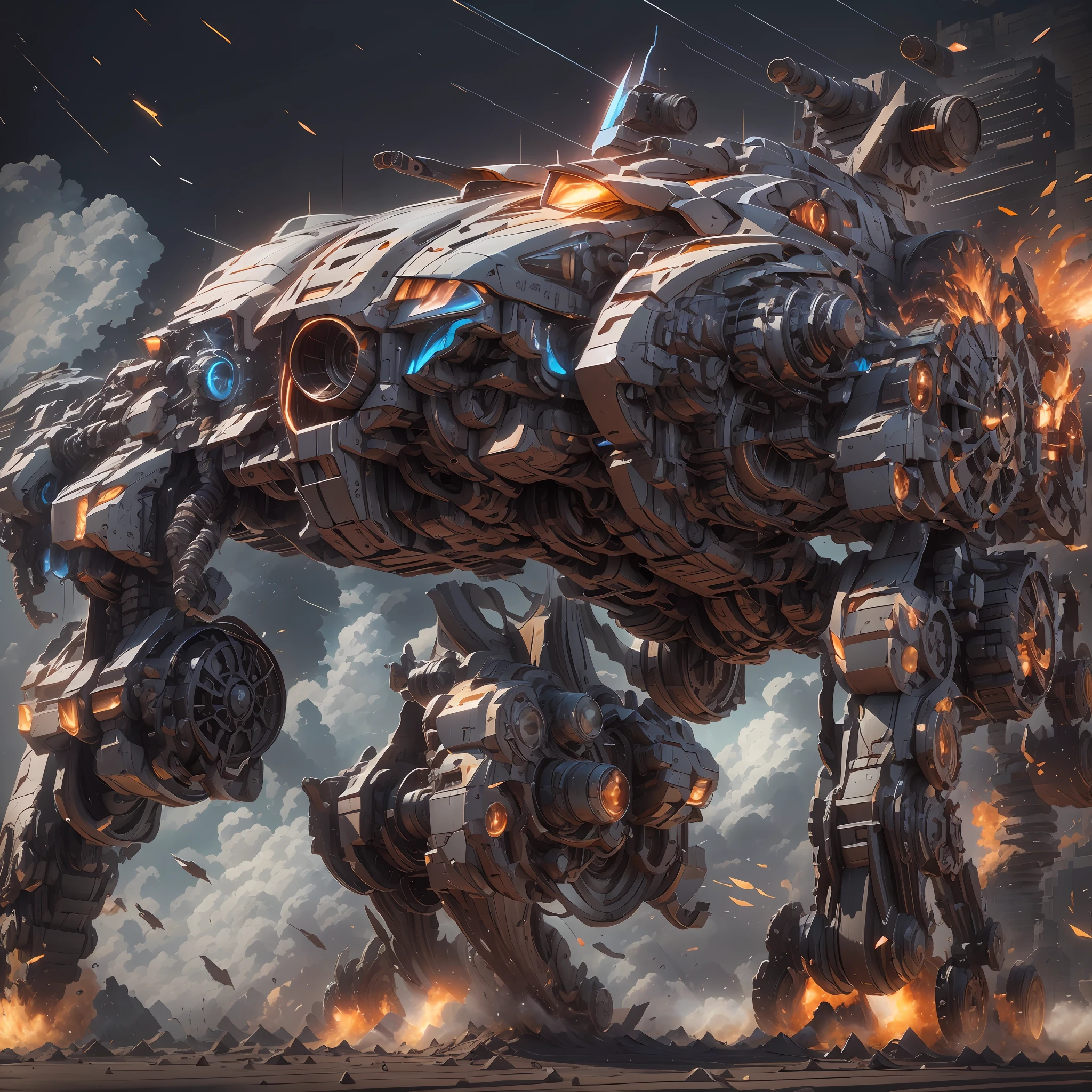 （Super mech sports car）、chariot，Sports cars，Back with a large amount of energy short barrels，Face the camera，Buildings、Energy cannon fire、Tall and mighty、strong armor、future-tech、Sharp lines、Dynamic styling、Mechanical joints、Armor plates、sensor、Energy weapons、Blazing energy、Light shining、Explosive effect、Smoke and dust filled the air、Tense atmosphere，（rendering by octane：1.4），best qualtiy，（Highly realistic），（Ultra-detailed details：1.5），c4d渲染，movie-level quality