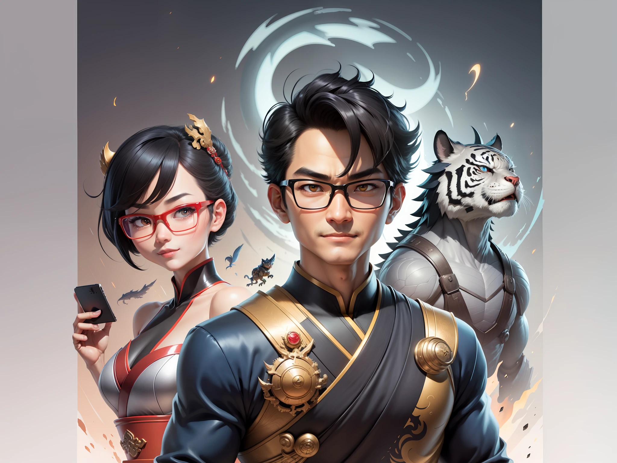 (Masterpiece), (Excellent), (Super Meticulous), (Full Body: 1.2), Super Young Man with Japanese Female Geisha, Pretty, Beautiful, Chinese Dragon, Tiger, Wind God Thor, Sexy, Bursting, Oriental Face, TV Anchor, Bust Portrait Illustration, Black Suit, Blue Tie, Slightly Chubby Face, Silver Glasses, Very Clean Face, No Beard on Chin, Black Super Short Hair, Black Eyes, Confident Smile, 3c Computer Sub-Products, iPad, iPhone, Digital Painting, 3D character design by Mark Clairedon and Pixar and Hayao Miyazaki and Akira Toriyama, the illustrations are HD illustrations in 4K resolution with highly detailed facial features and cartoon-style visuals.