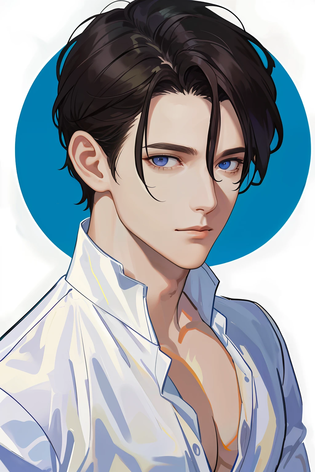 masterpiece, top-quality, realisitic, 1 persons, Men's Focus, tall muscular,Upper body naked、 a handsome, Adonis, portraitures, extra detailed face, (Dark hair), dark and delicate eyes、shorth hair, Upper body naked、white plain background