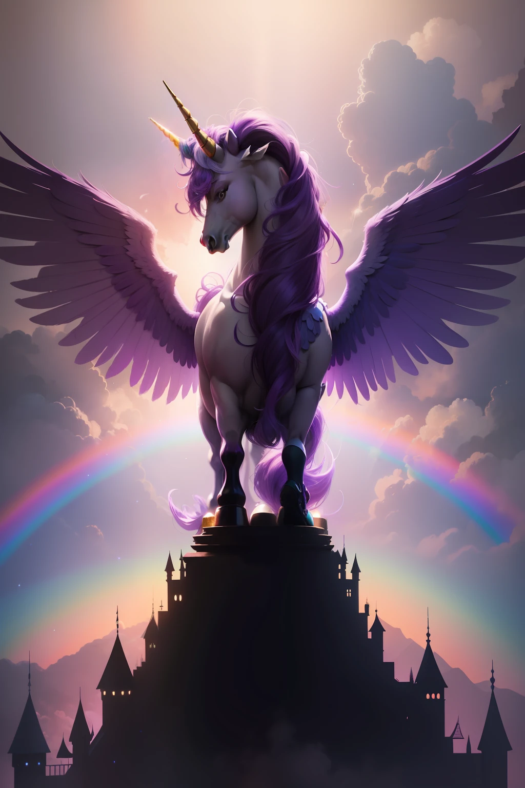 My Little Pony Little Art Purple Skin Colored Hair Colored Tail Unicorn Colored Wings Rainbow Background Castle Singing