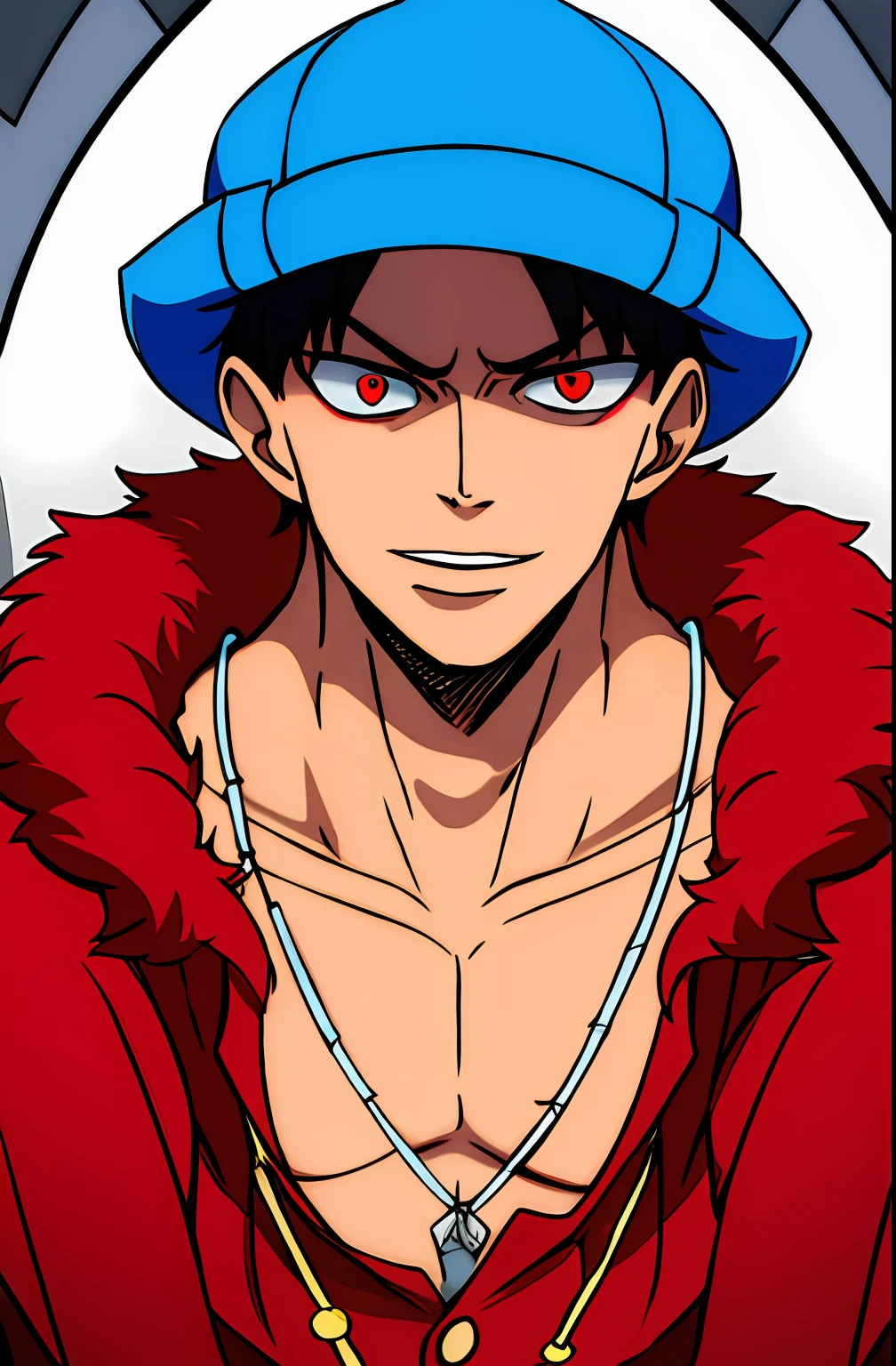 A boy ,rapper Hat,red clothes,blue eye,