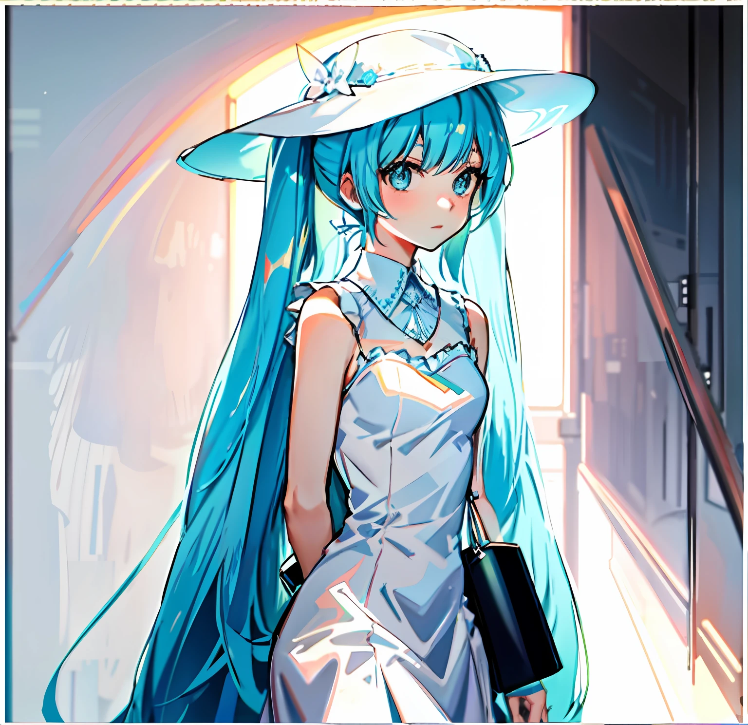 Anime drawing of a woman in a white dress and hat, in dress,Big breasts Hatsune Miku,dual horsetail