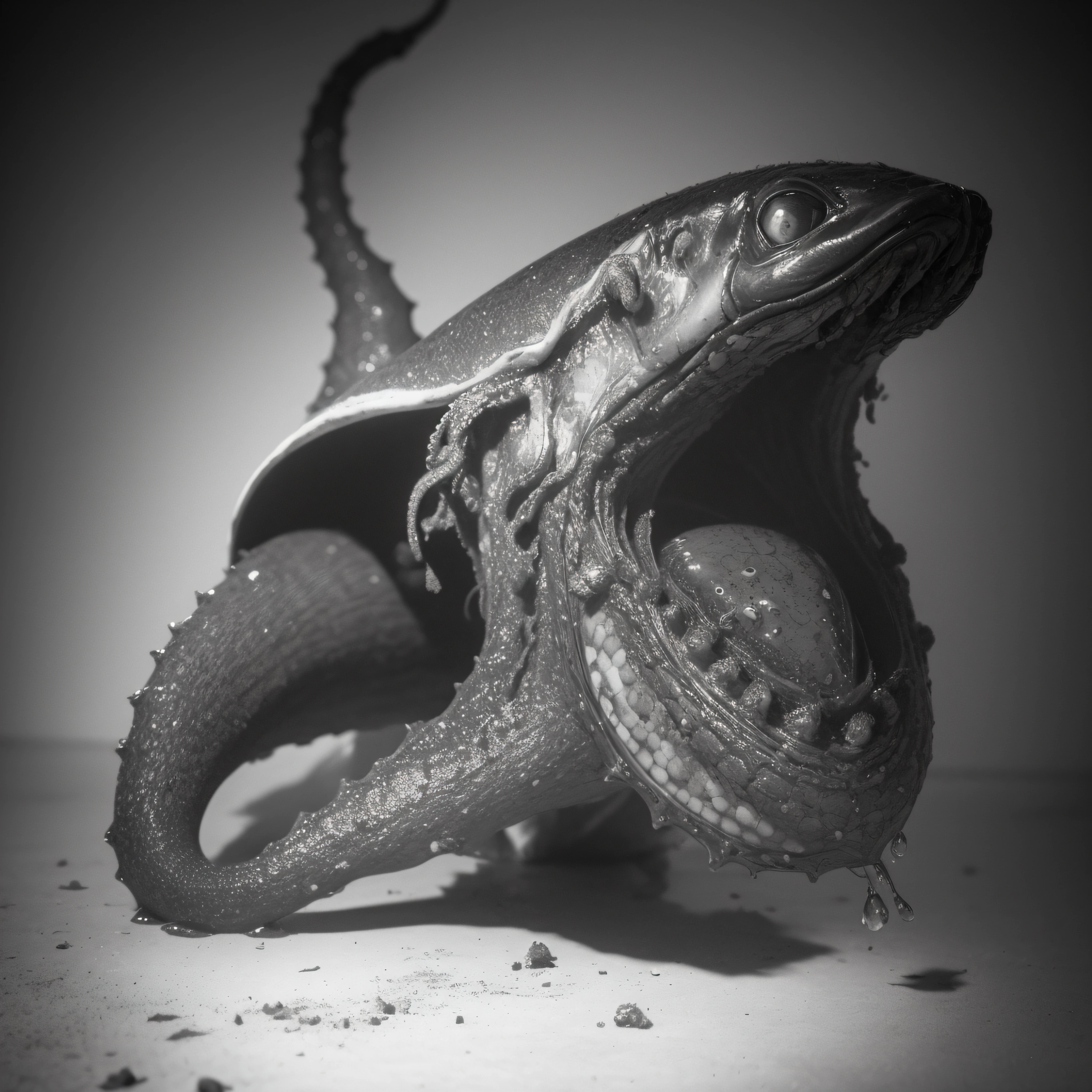 (extremadamente detallado, obra maestra, La mejor calidad), Estilo oscuro, intense illumination, rostro con arrugas, lengua larga, tentacle, deforme, monstruoso, interior de una piscina de agua verdosa, imagen submarina, alien con Colmillos finos, pico de pulpo amenazante. manchas de tinta. Rococo composition. Luz de caravaggio