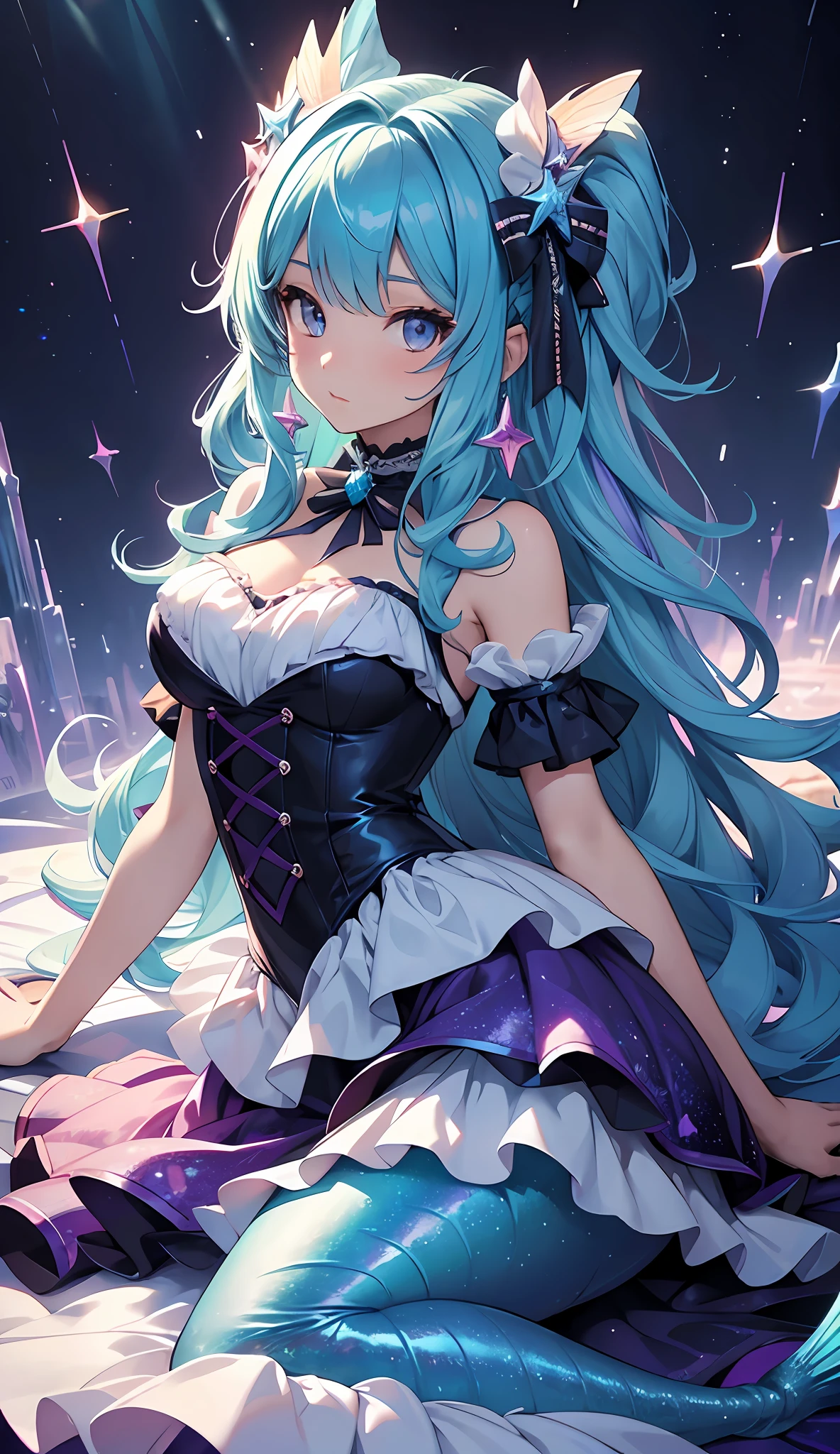 best qualityer，tmasterpiece，Ultimate resolution，downy，Extremely colorful，Colorful，Mermaid princess，Lolita dress，starrysky